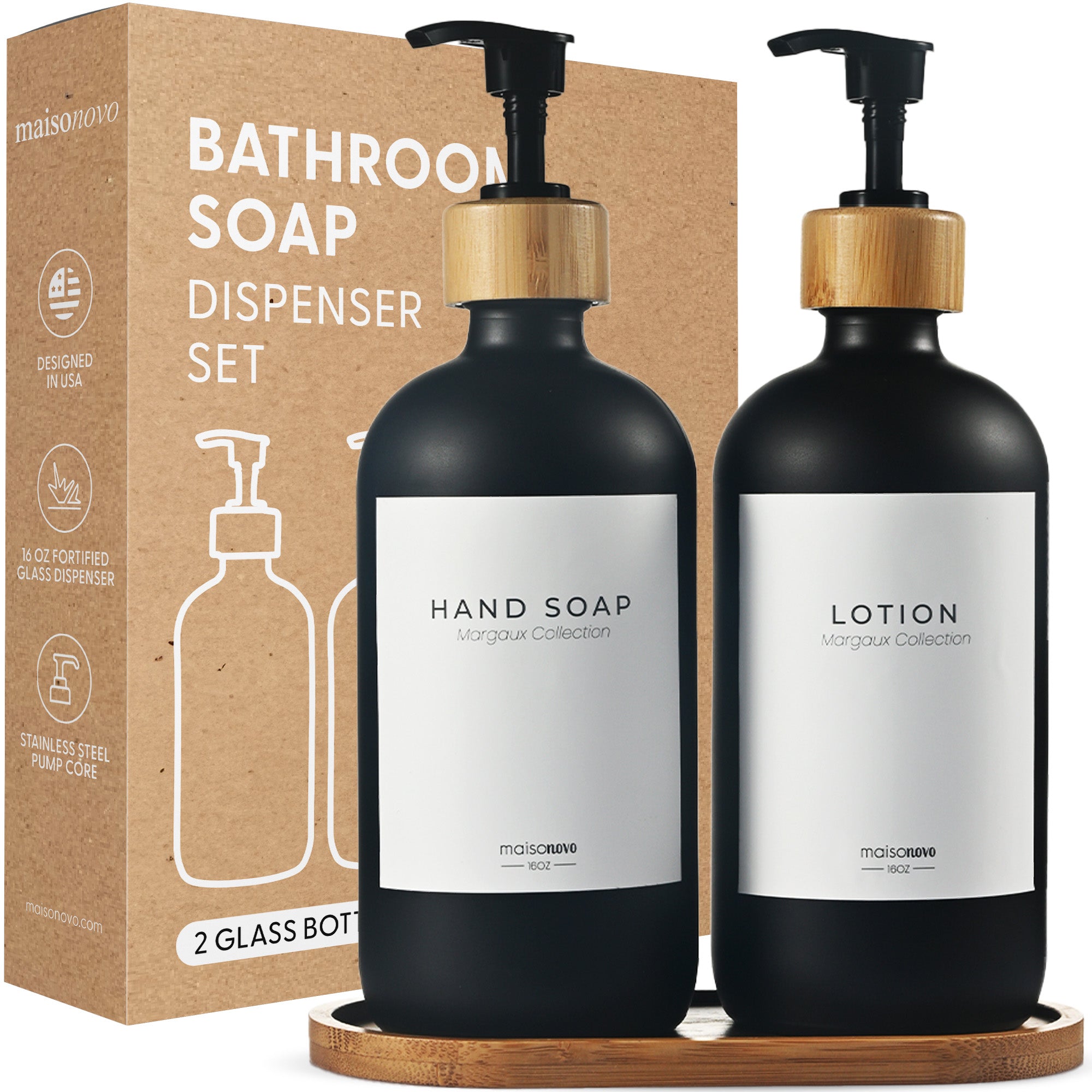 Bamboo Soap Dispenser and Tray Set Amber Glass