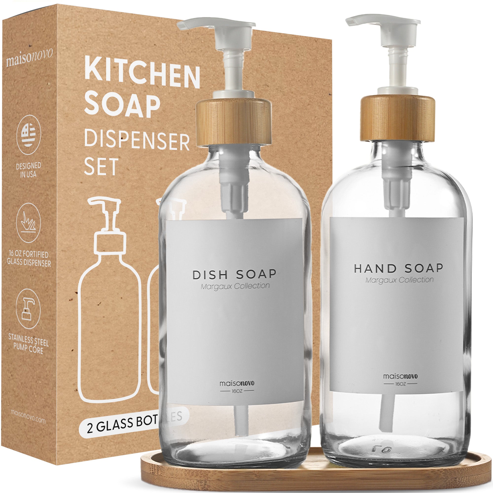 Bamboo Soap Dispenser and Tray Set Amber Glass