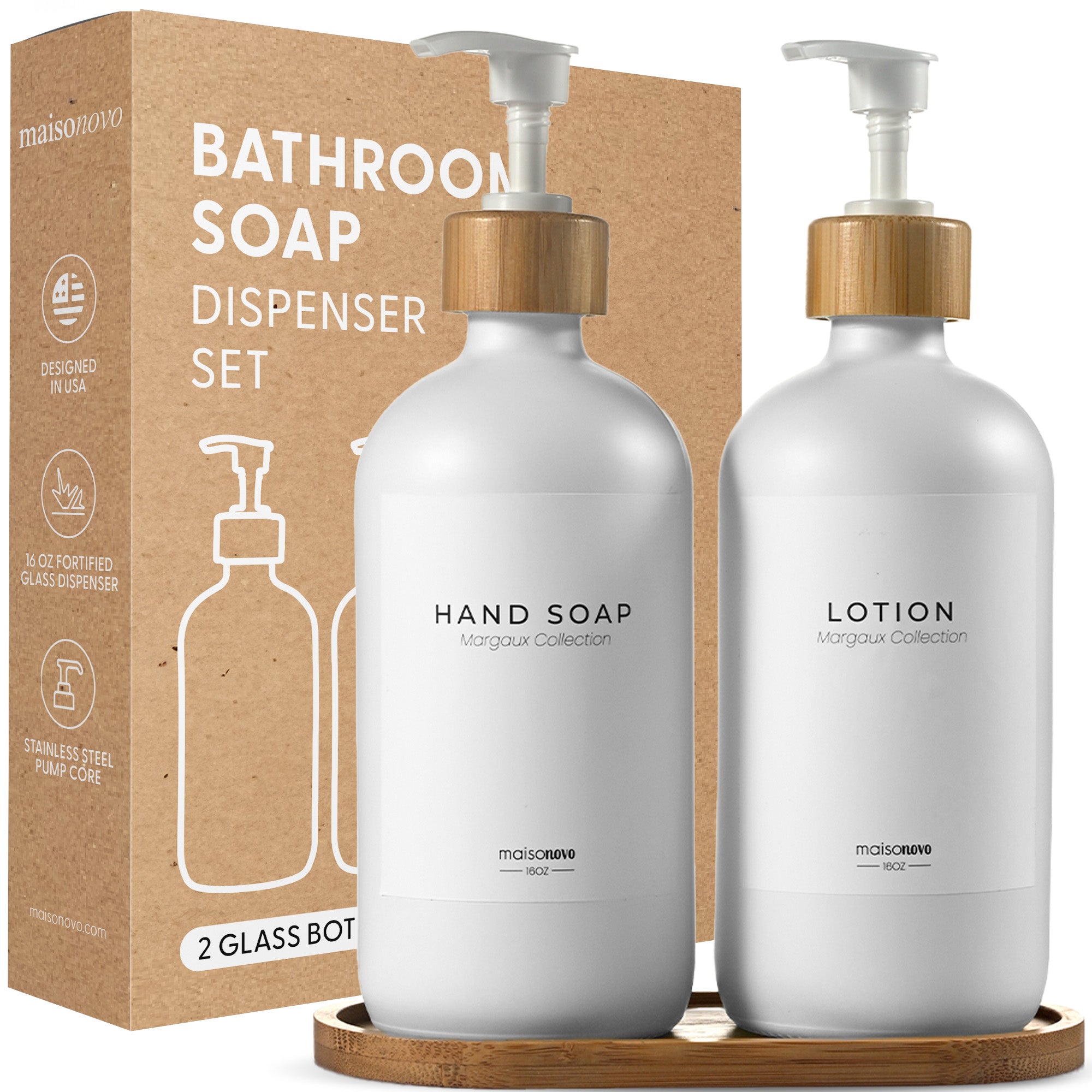 Bamboo Soap Dispenser and Tray Set Amber Glass