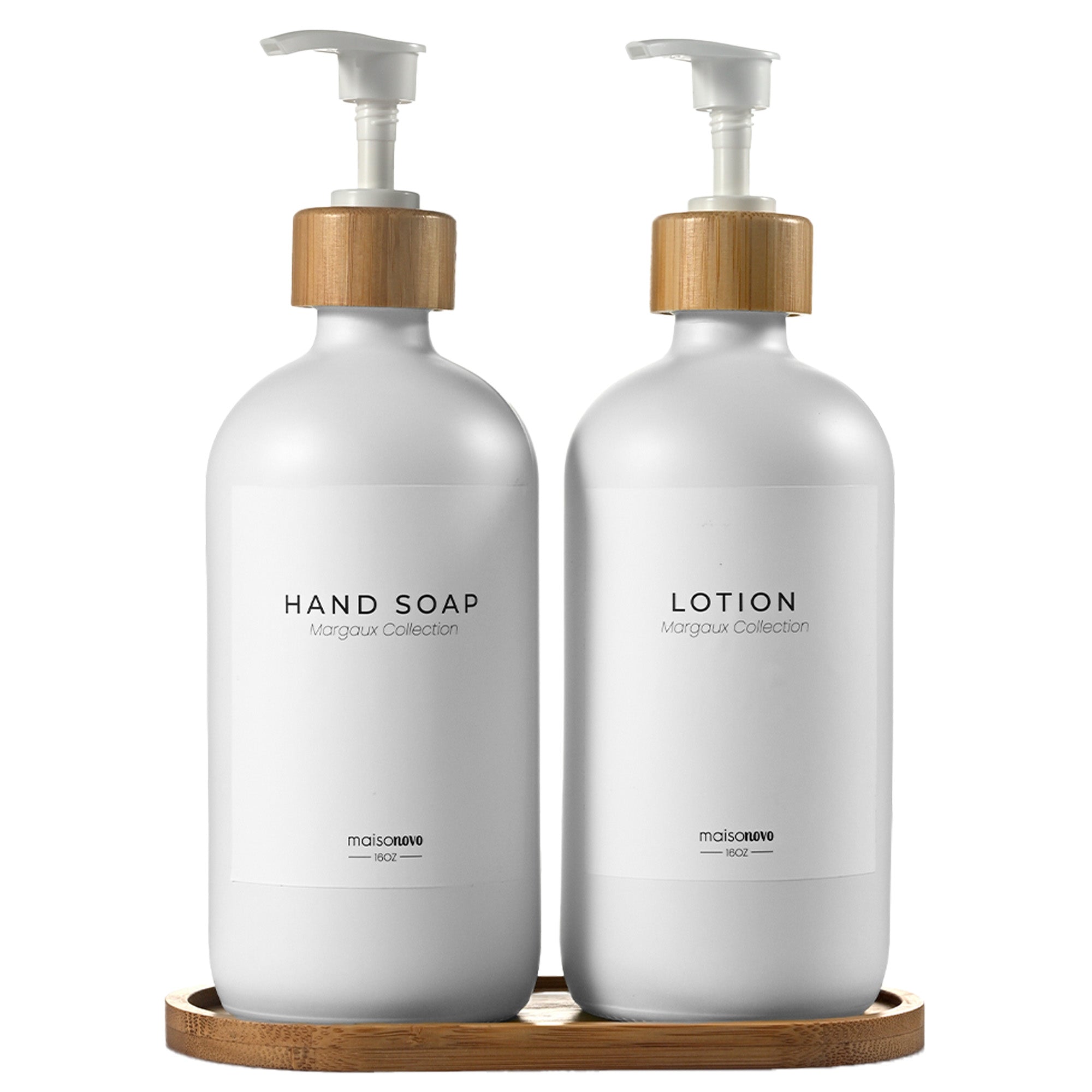 Bamboo Soap Dispenser and Tray Set Clear Glass