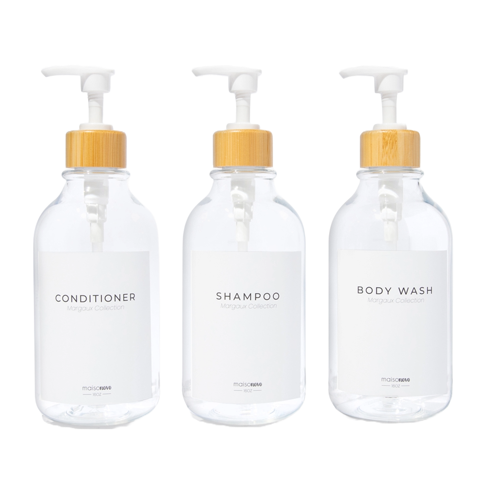 Shower Dispenser Clear Bottles with Bamboo Pump