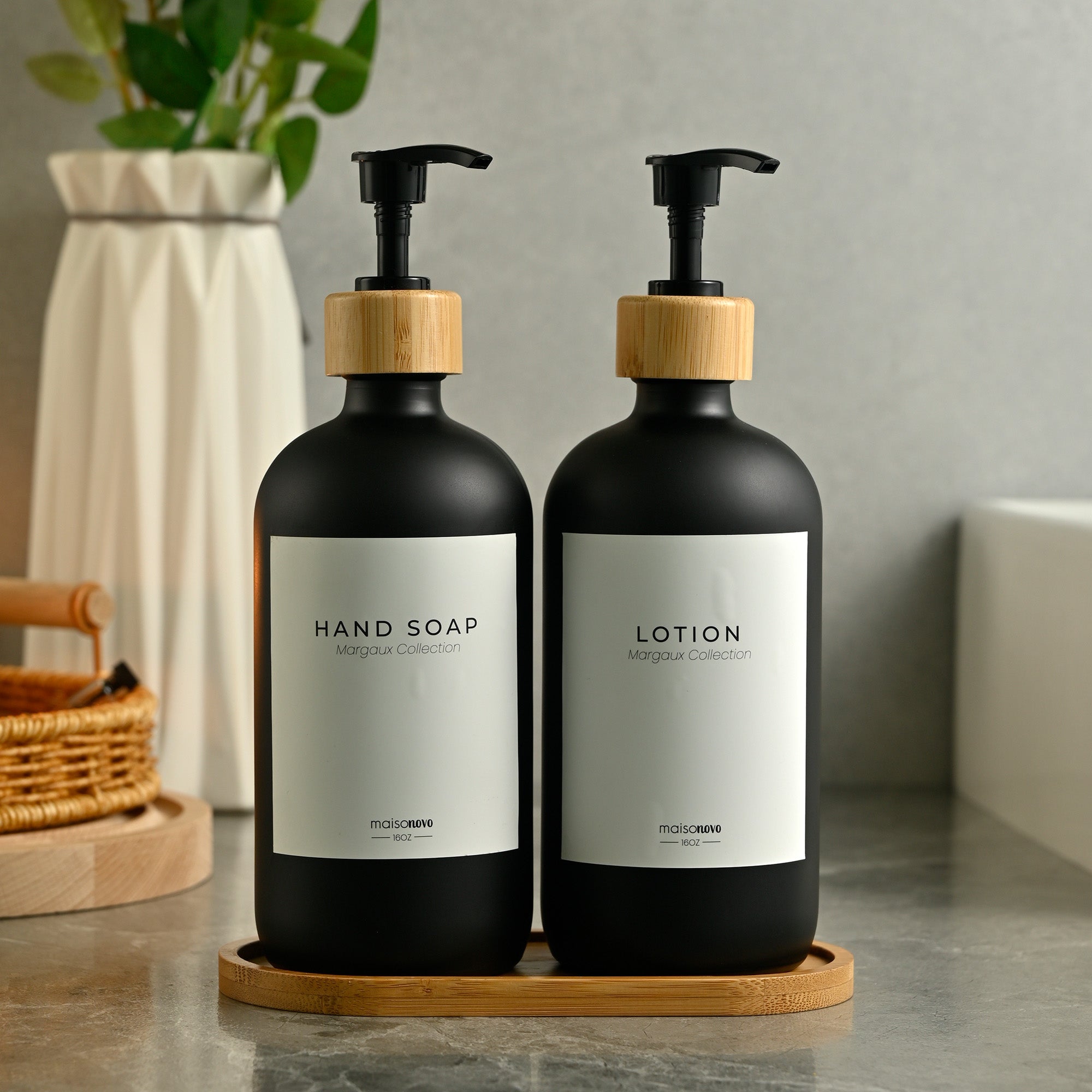 Bamboo Soap Dispenser and Tray Set Clear Glass
