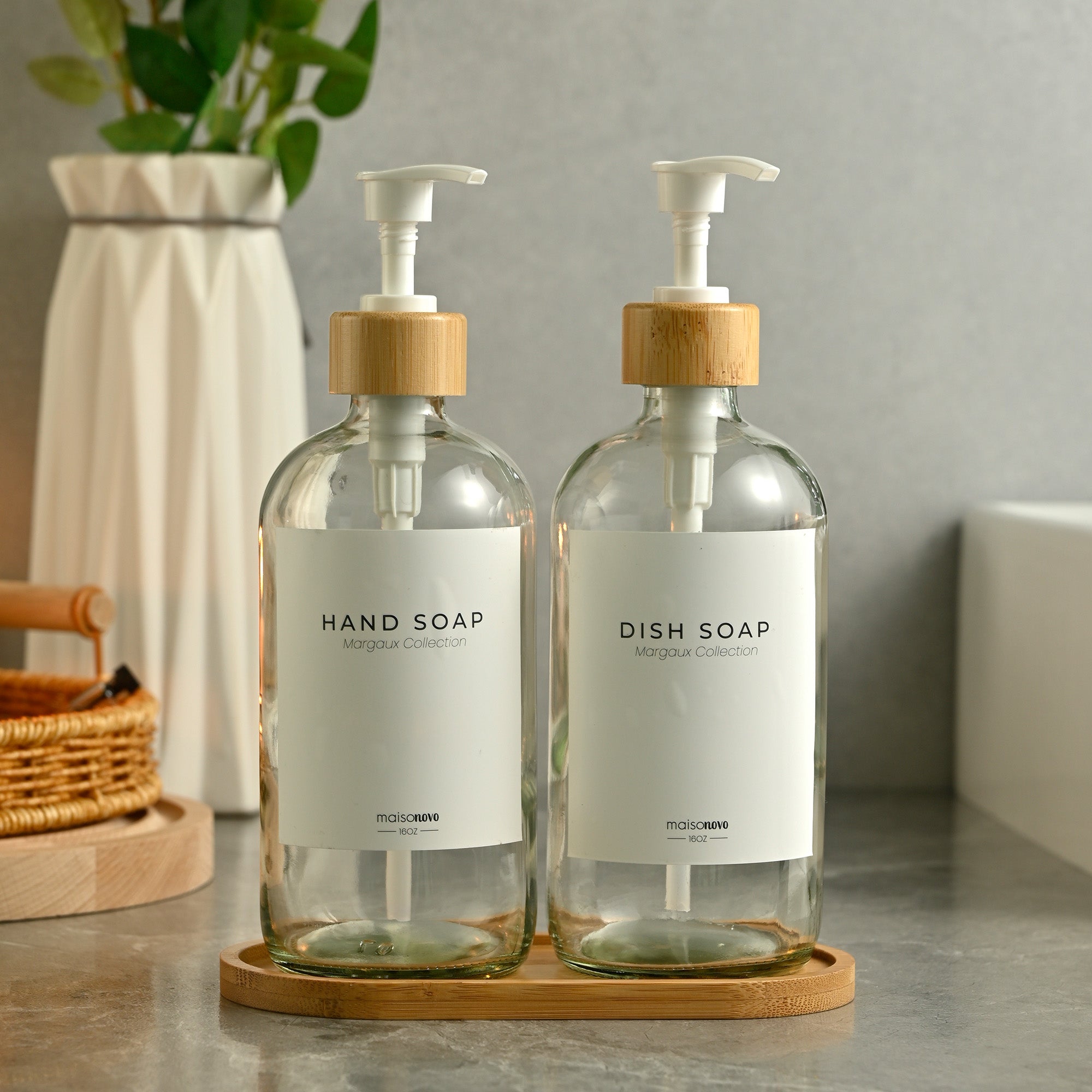 Bamboo Soap Dispenser and Tray Set Amber Glass