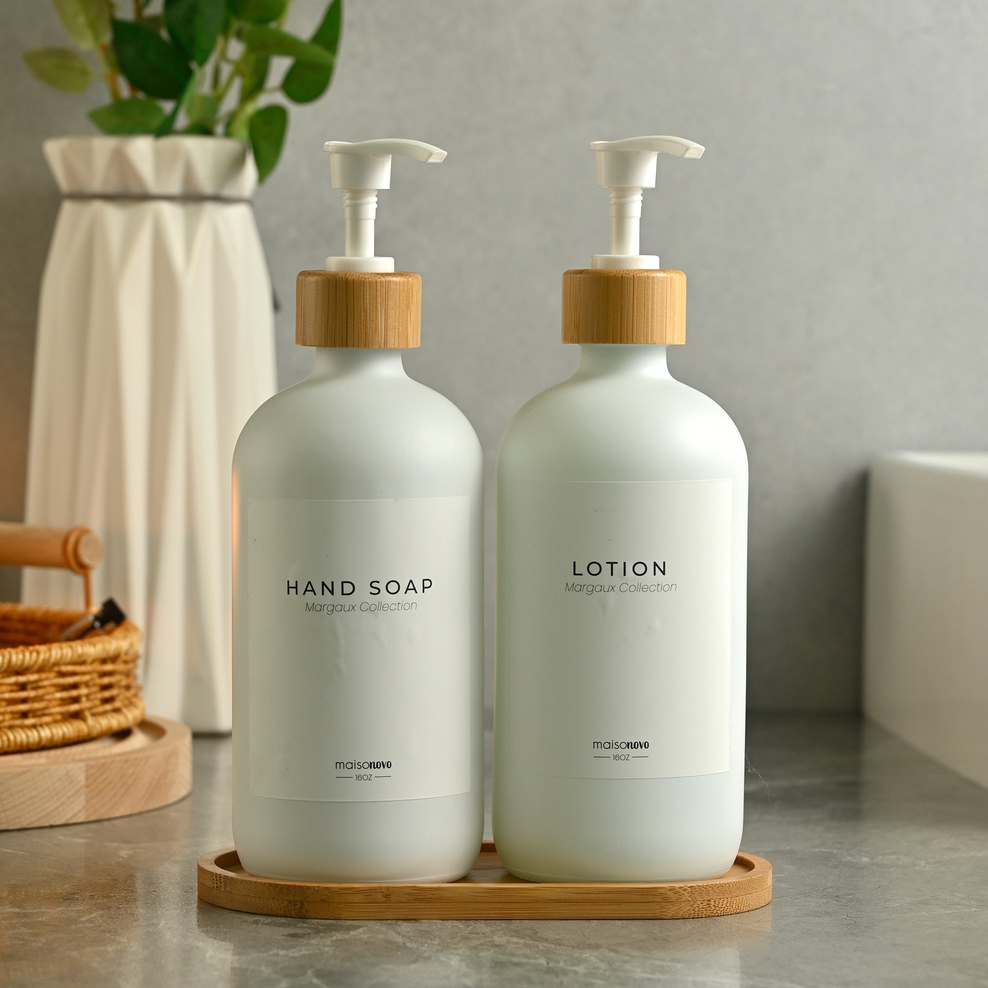 Bamboo Soap Dispenser and Tray Set Amber Glass