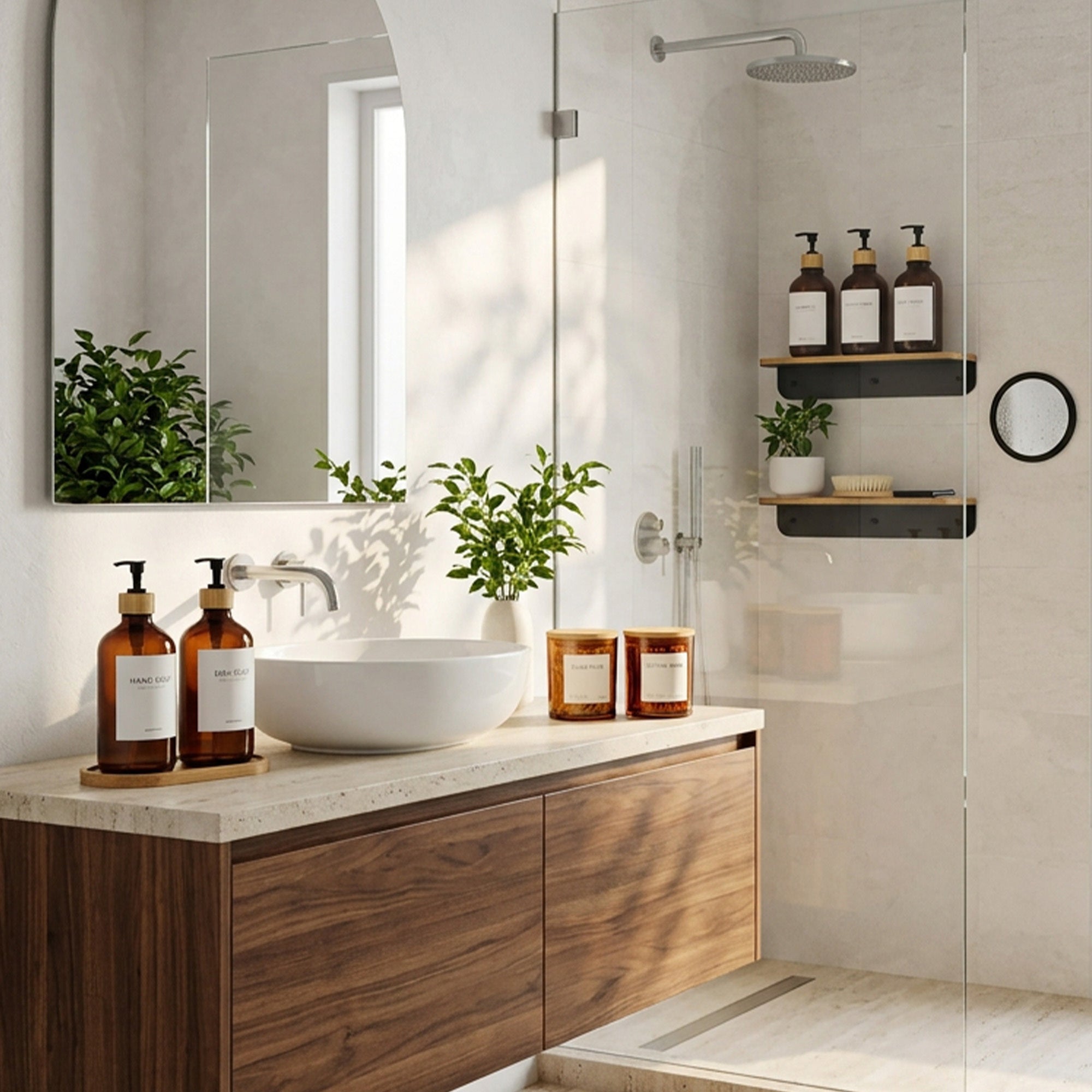 Wood Shower Caddy with Mirror & Complete Amber Bamboo Bathroom Set