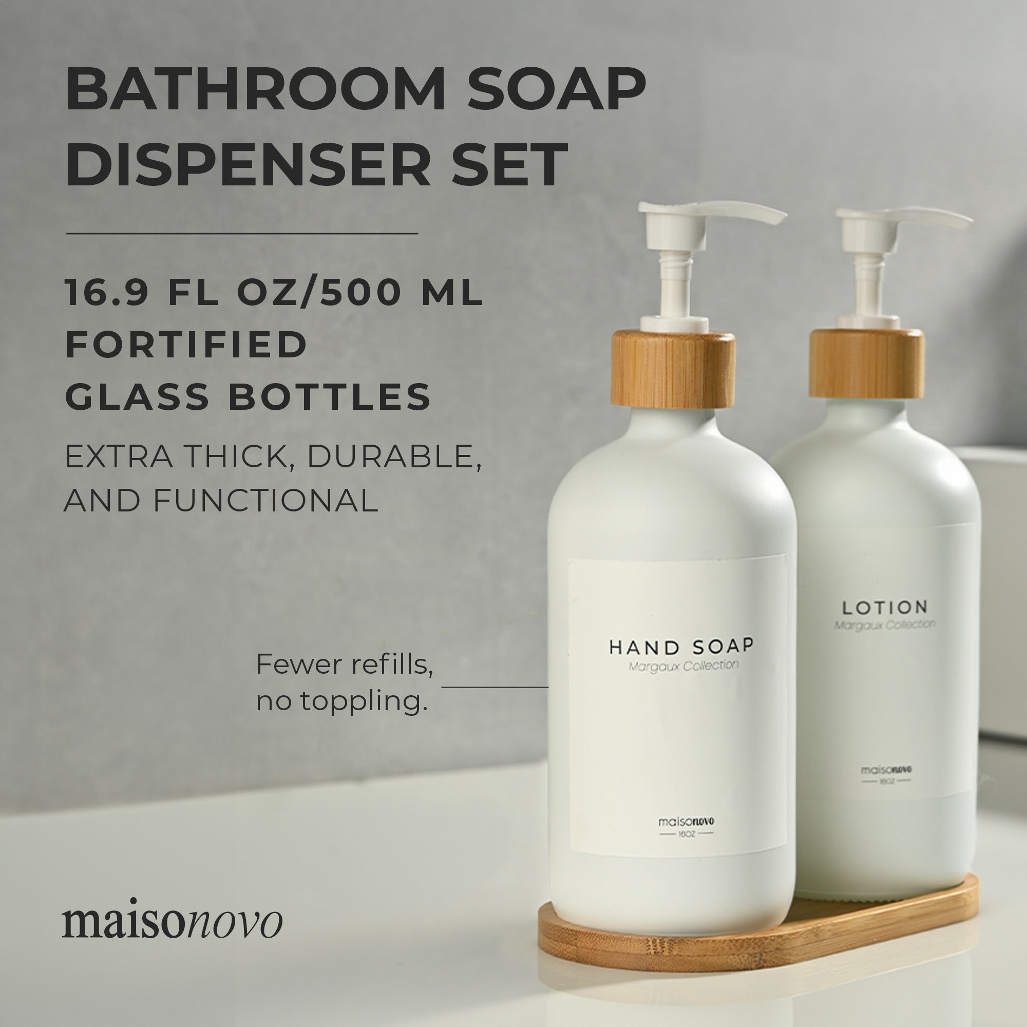 Bamboo Soap Dispenser and Tray Set Amber Glass
