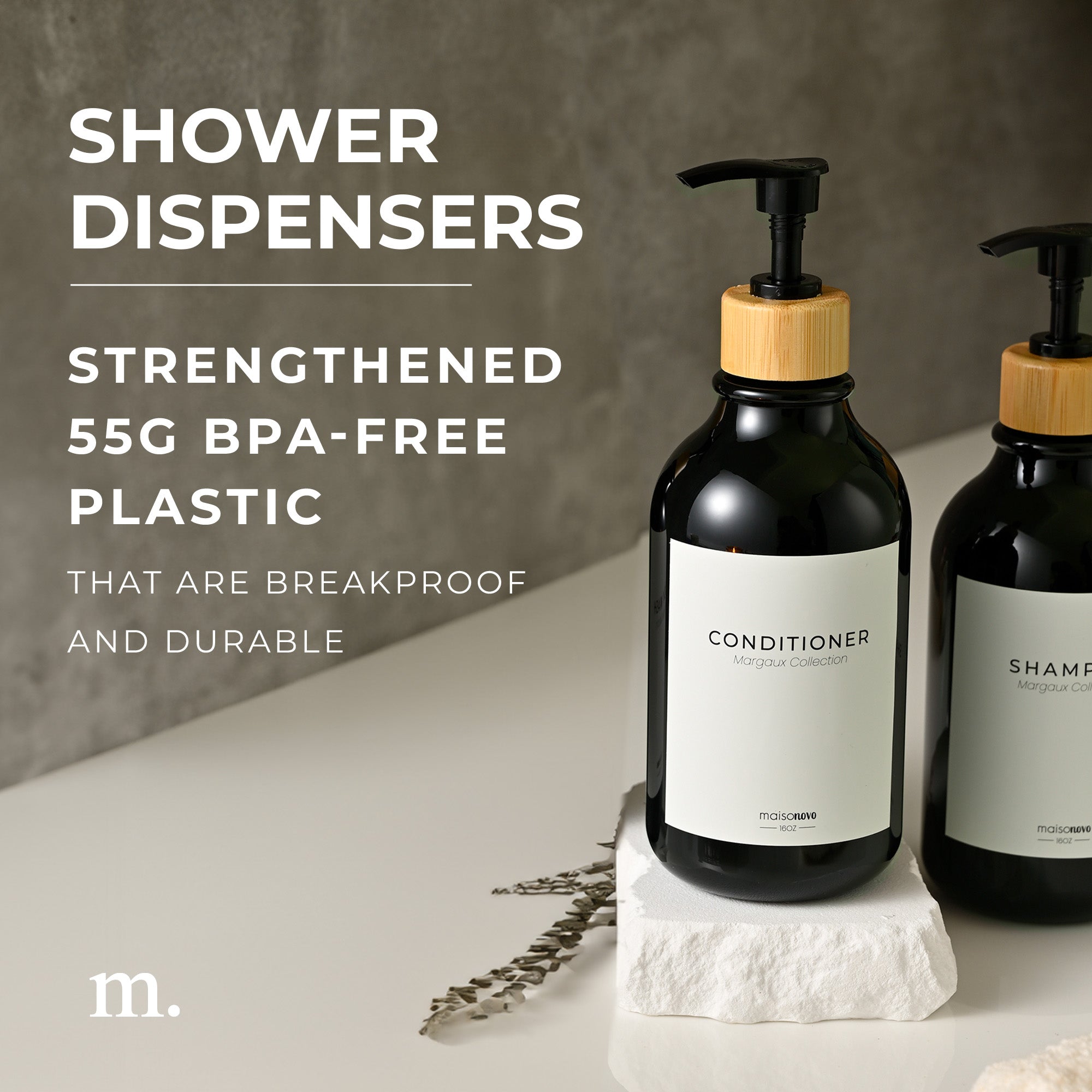 Shower Dispenser Black Bottles with Bamboo Pump