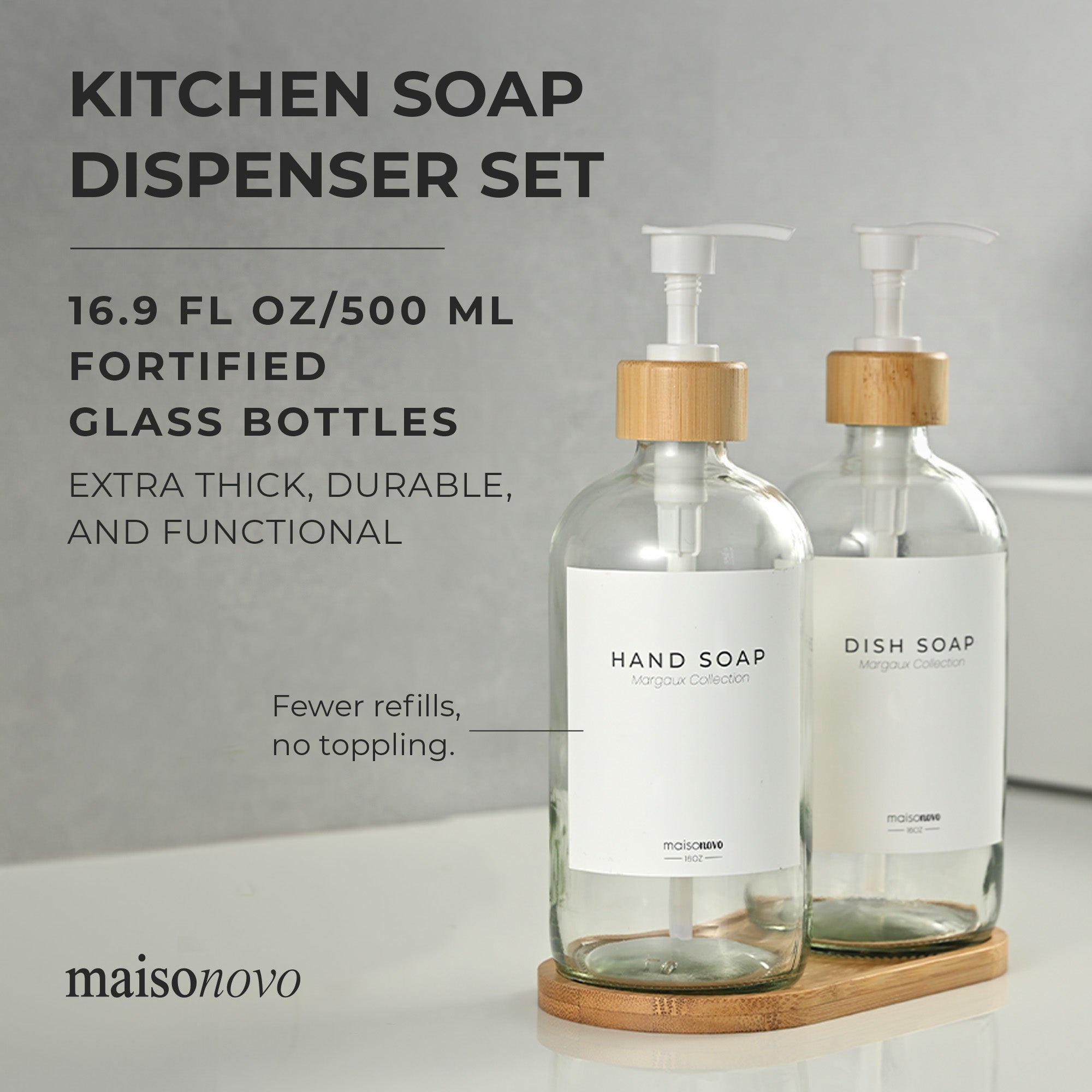 Bamboo Soap Dispenser and Tray Set Amber Glass