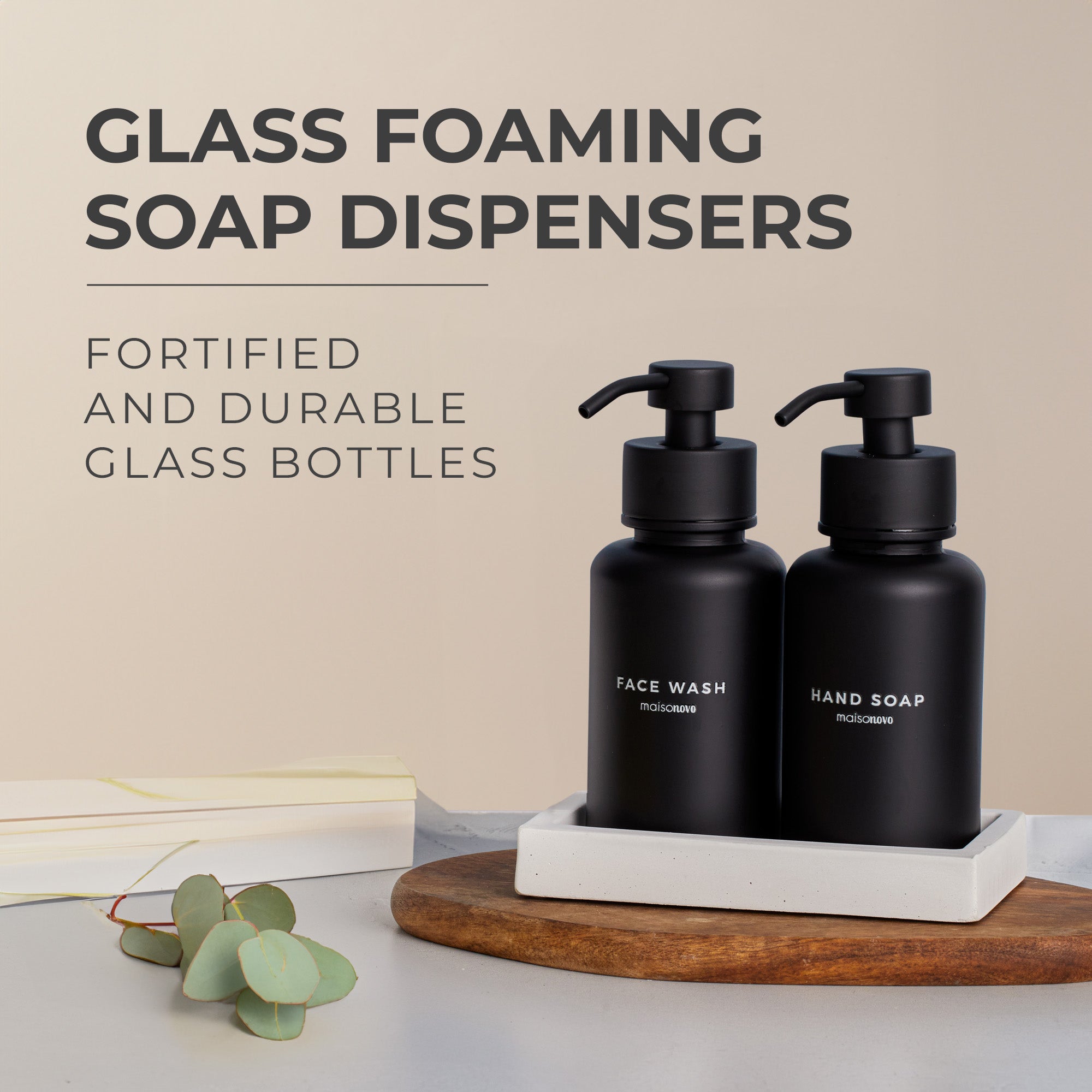 Glass Foaming Soap Dispensers 14oz Black / Black + Tray