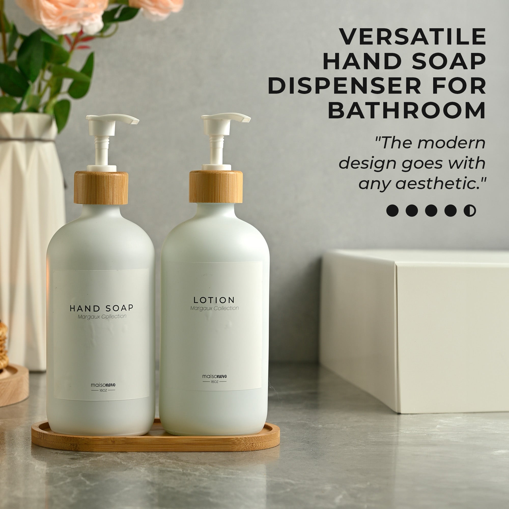 Bamboo Soap Dispenser and Tray Set Amber Glass