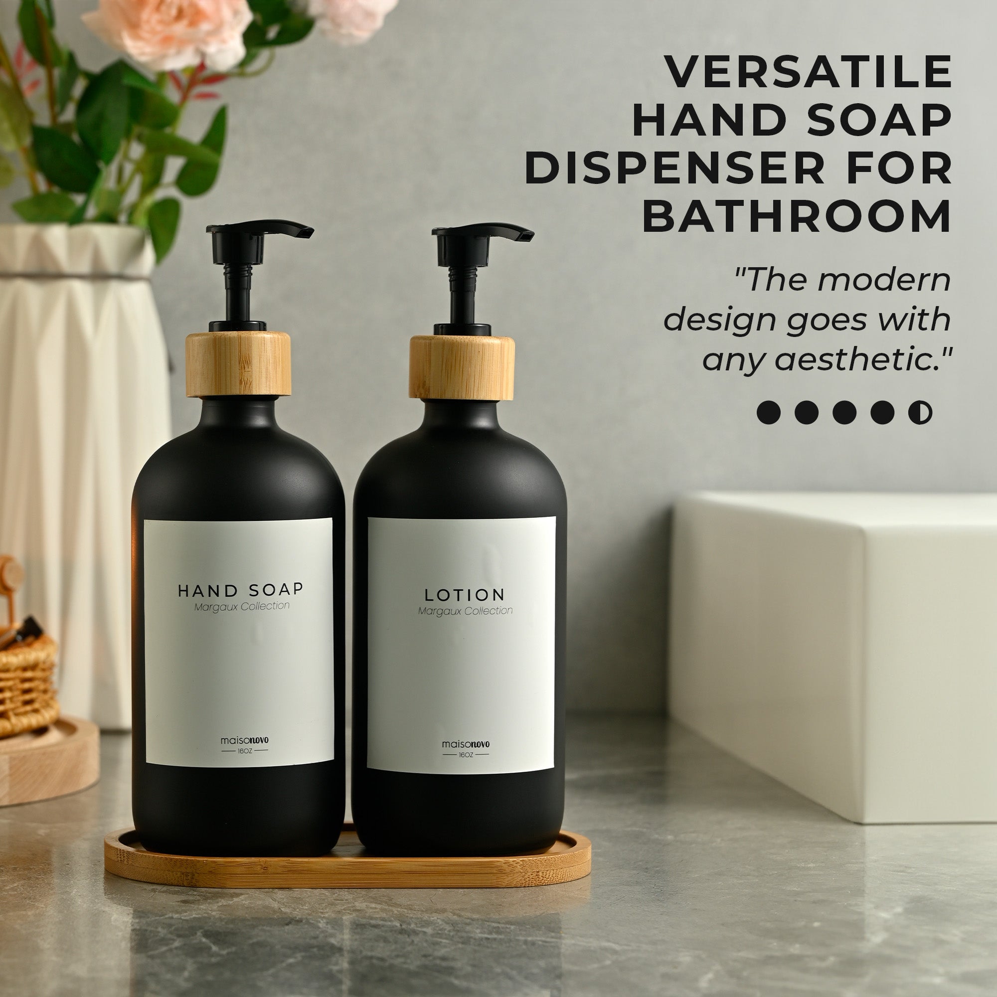 Bamboo Soap Dispenser and Tray Set Clear Glass