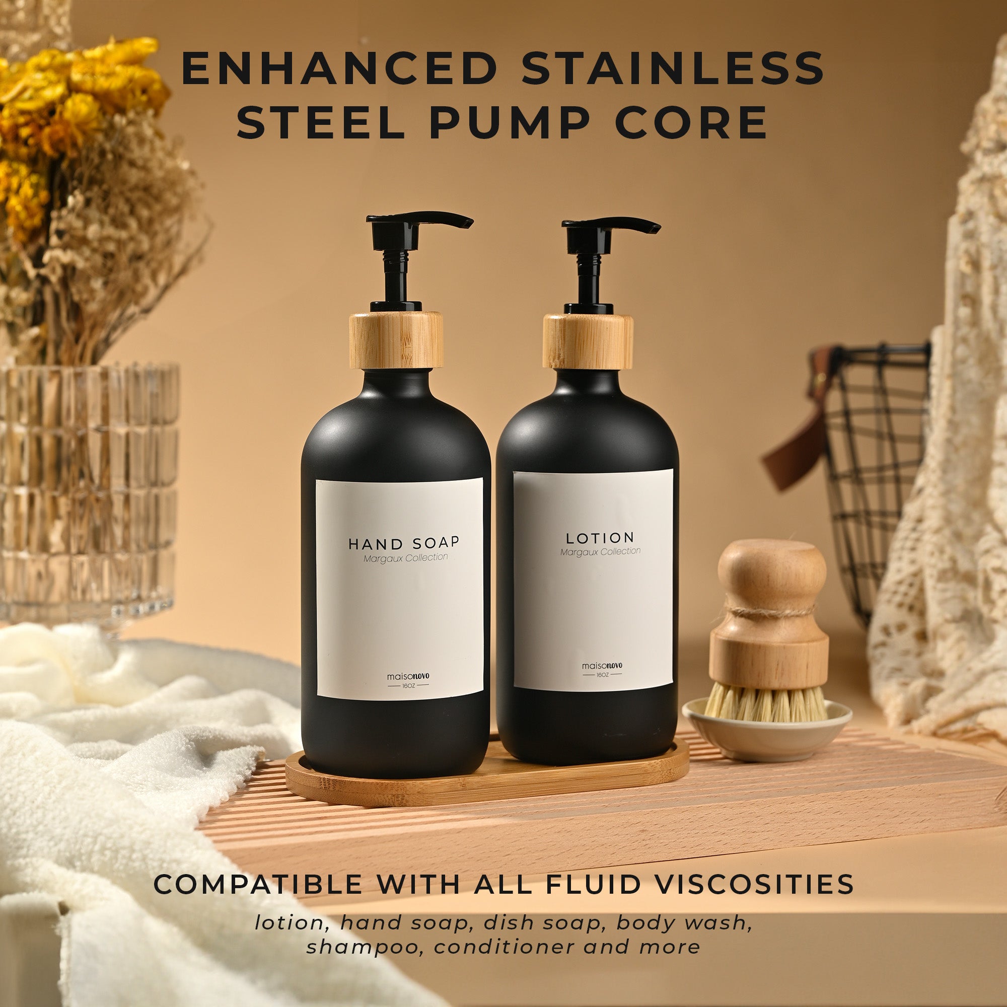Bamboo Soap Dispenser and Tray Set Amber Glass