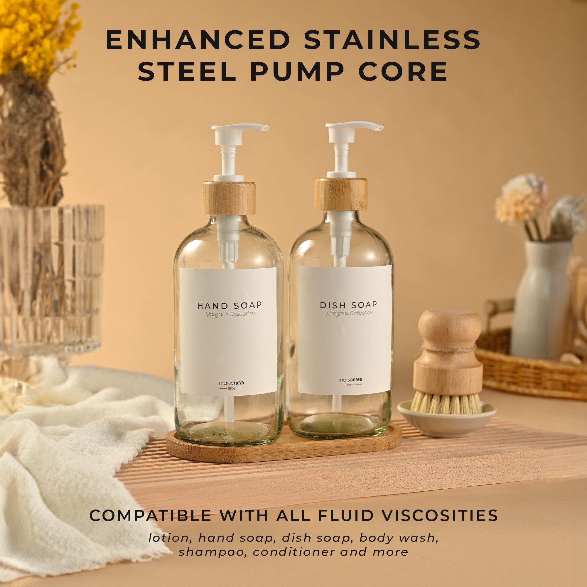 Bamboo Soap Dispenser and Tray Set Amber Glass