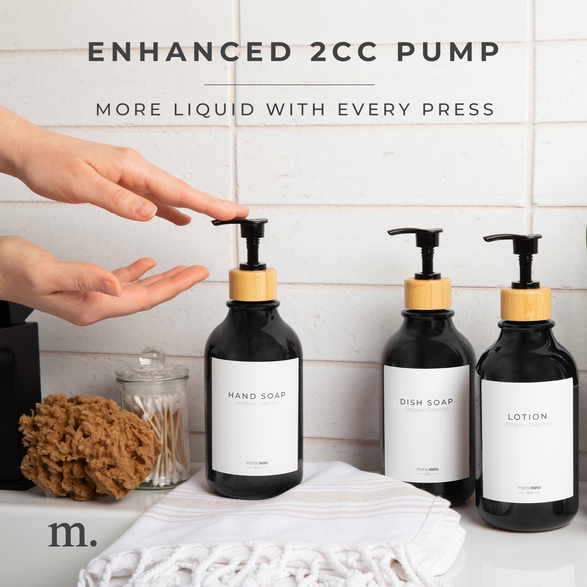 Shower Dispenser Black Bottles with Bamboo Pump