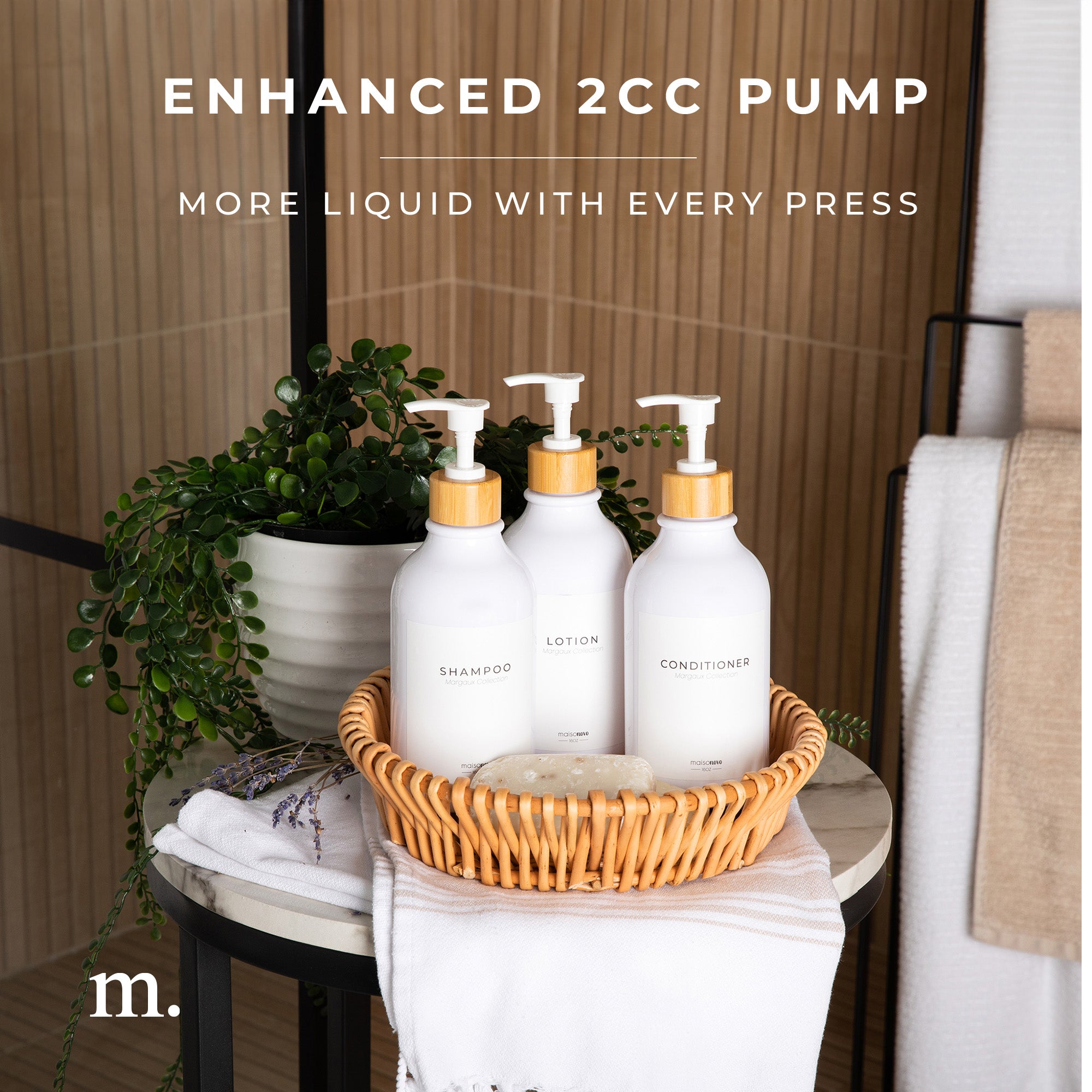 Shower Dispenser White Bottles with Bamboo Pump