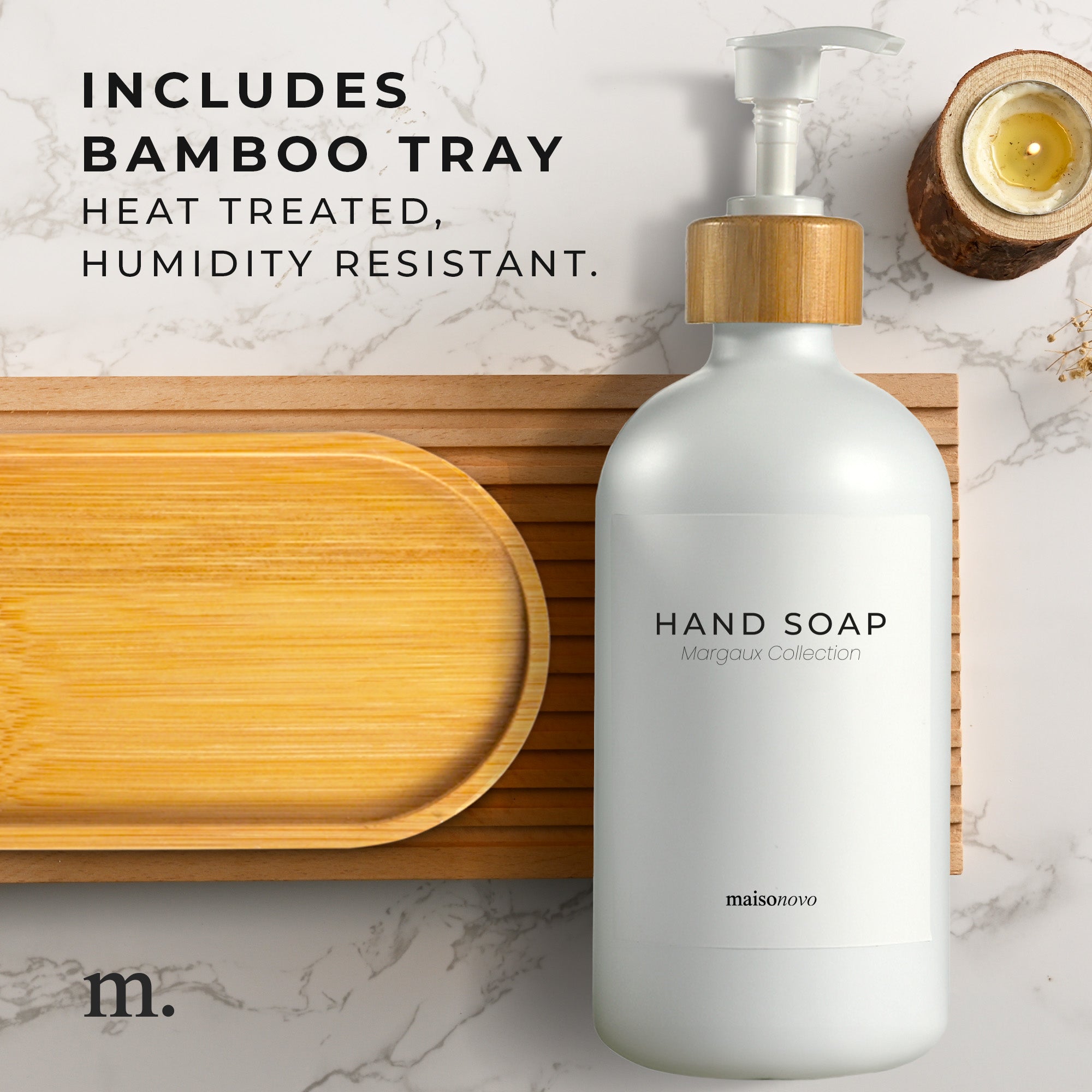 Bamboo Soap Dispenser and Tray Set White Glass