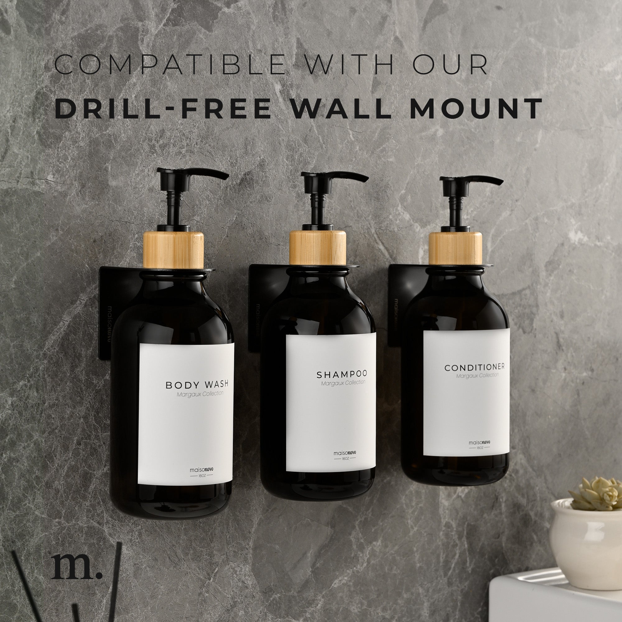 Shower Dispenser Black Bottles with Bamboo Pump