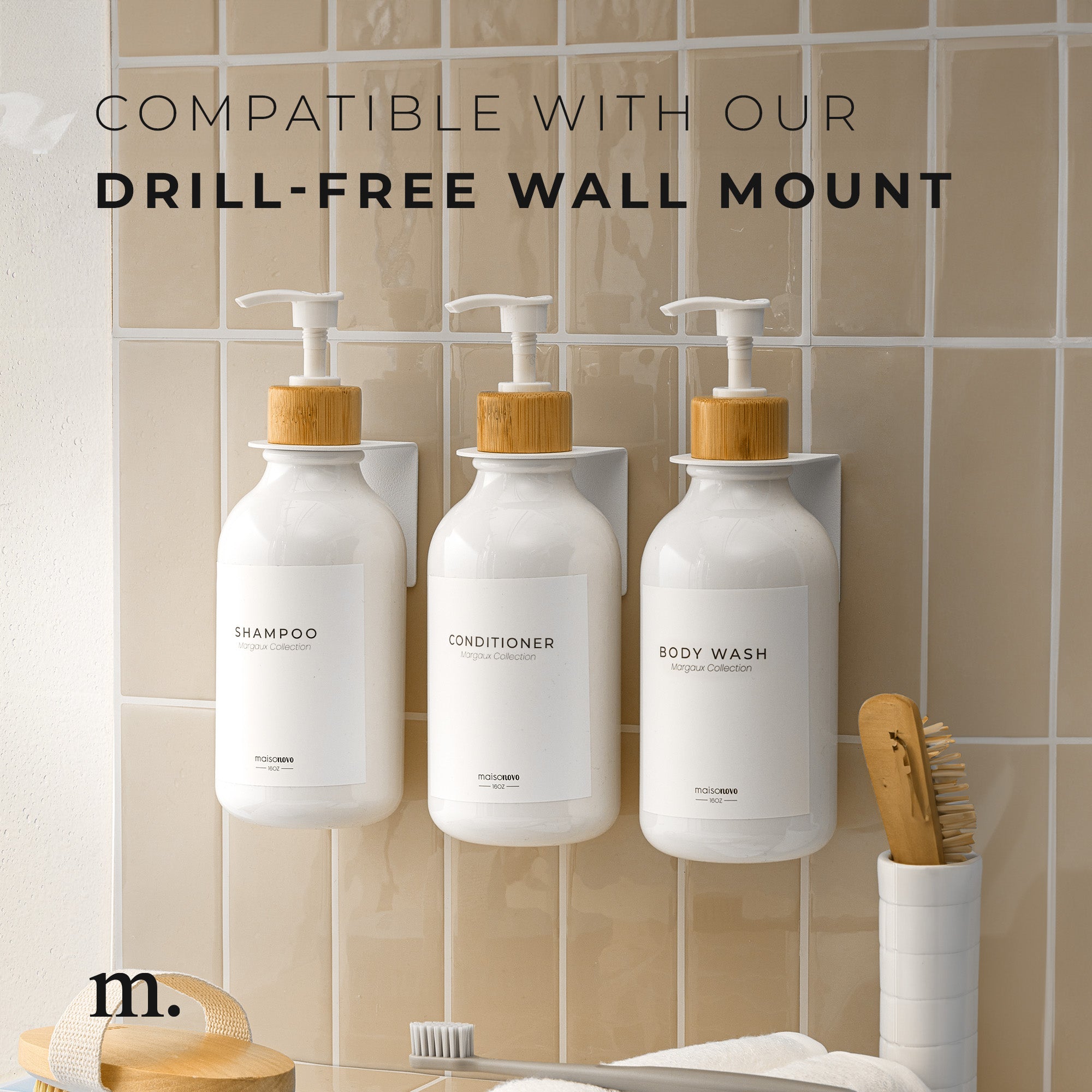 Shower Dispenser White Bottles with Bamboo Pump