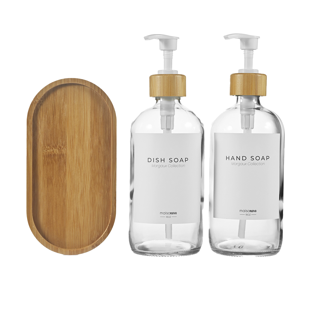 Bamboo Soap Dispenser and Tray Set Clear Glass