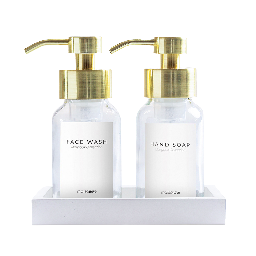 Glass Foaming Soap Dispensers 8oz Clear / Gold + Tray