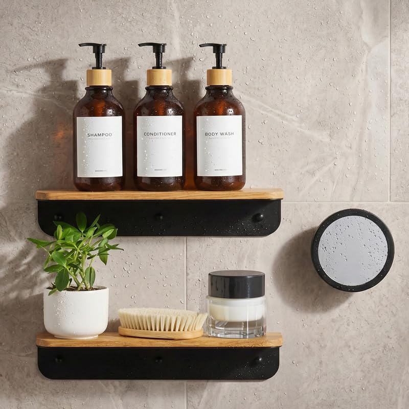 Wood Shower Caddy with Mirror & 3 Refillable Shower Dispensers