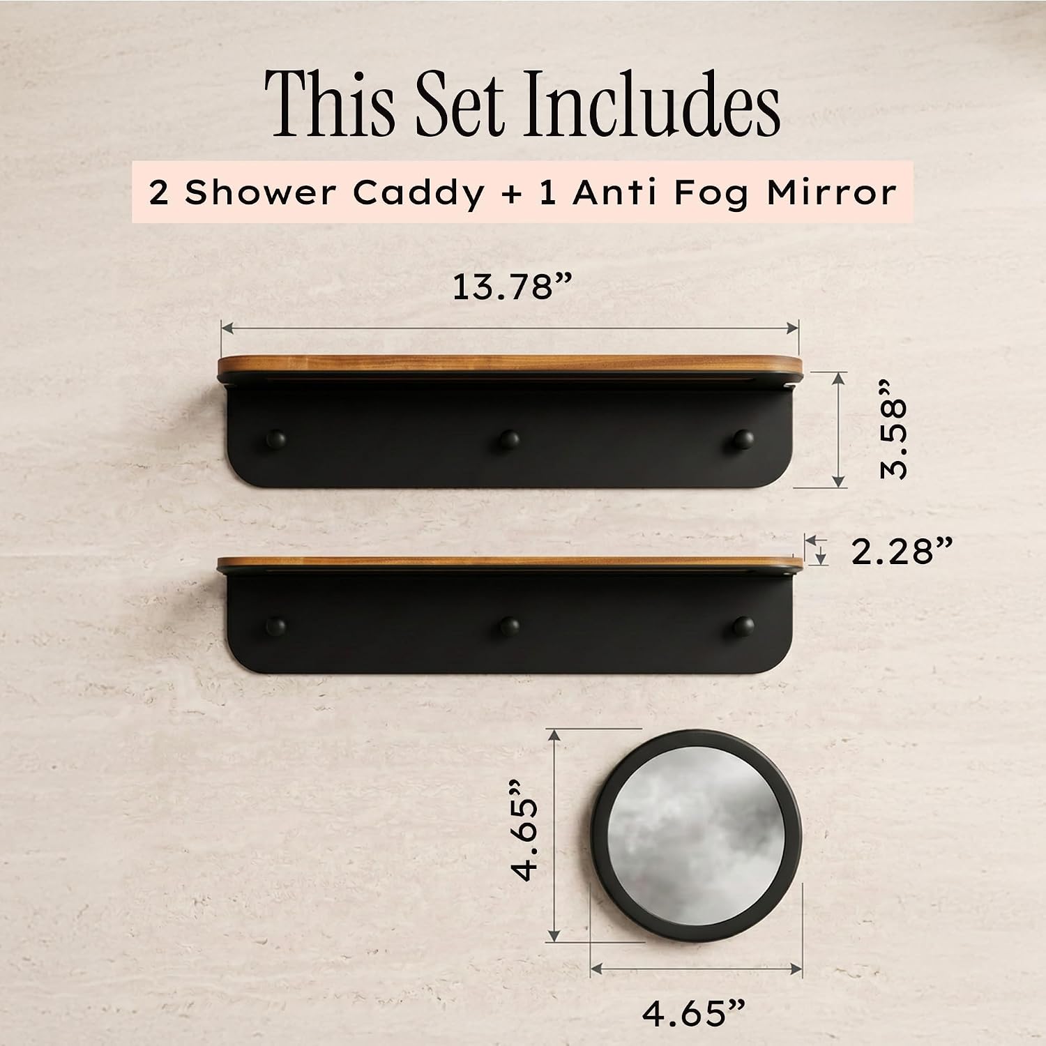Wood Shower Caddy with Mirror & 3 Refillable Shower Dispensers