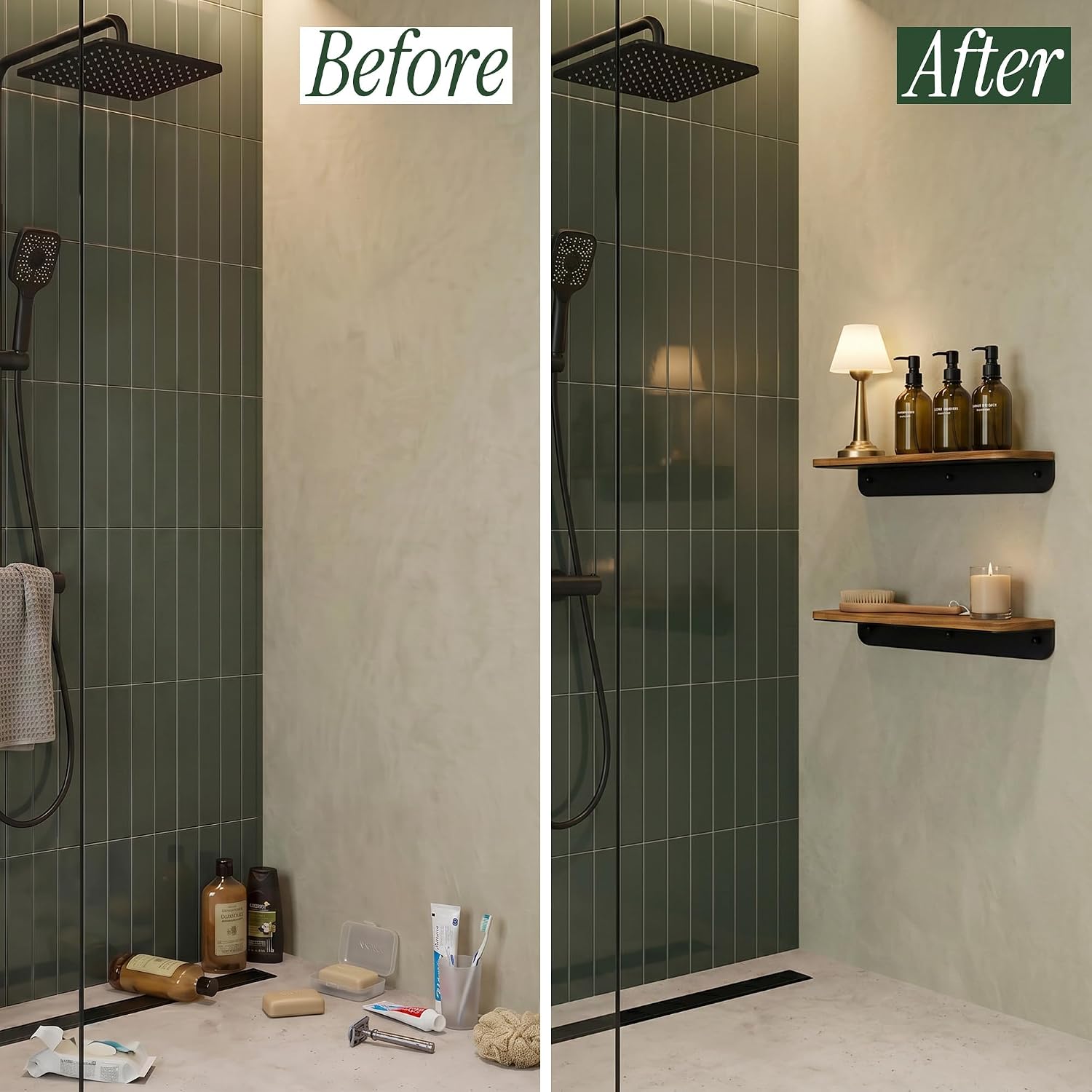 Wood Shower Caddy with Mirror & 3 Refillable Shower Dispensers