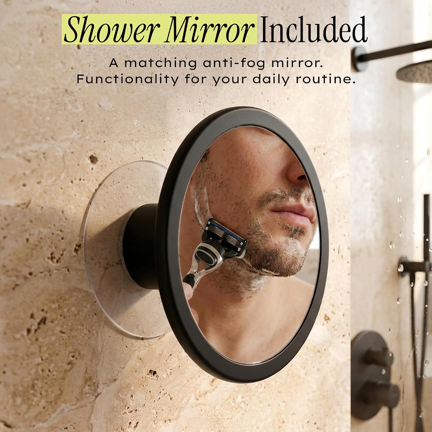Wood Shower Caddy with Mirror & 3 Refillable Shower Dispensers