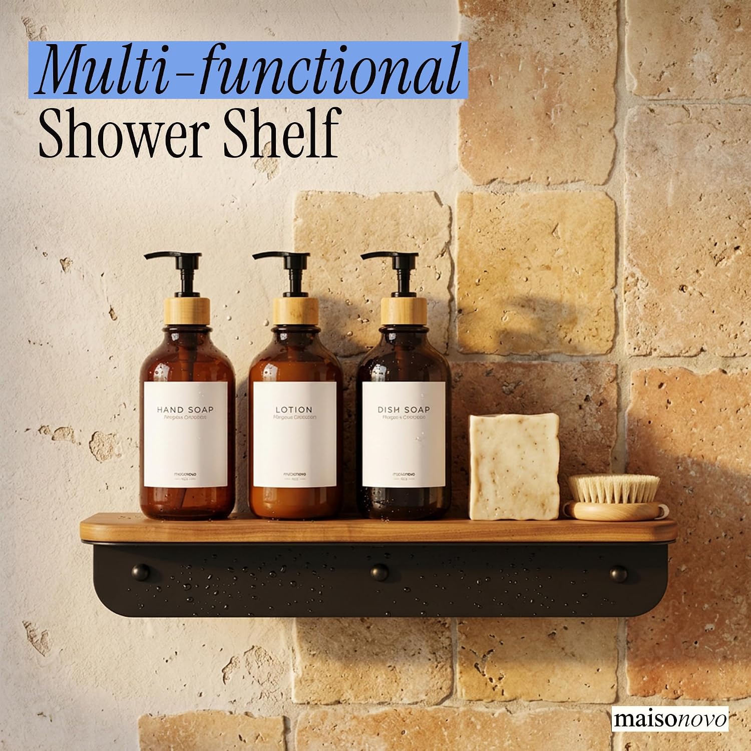 Wood Shower Caddy with Mirror & 3 Refillable Shower Dispensers