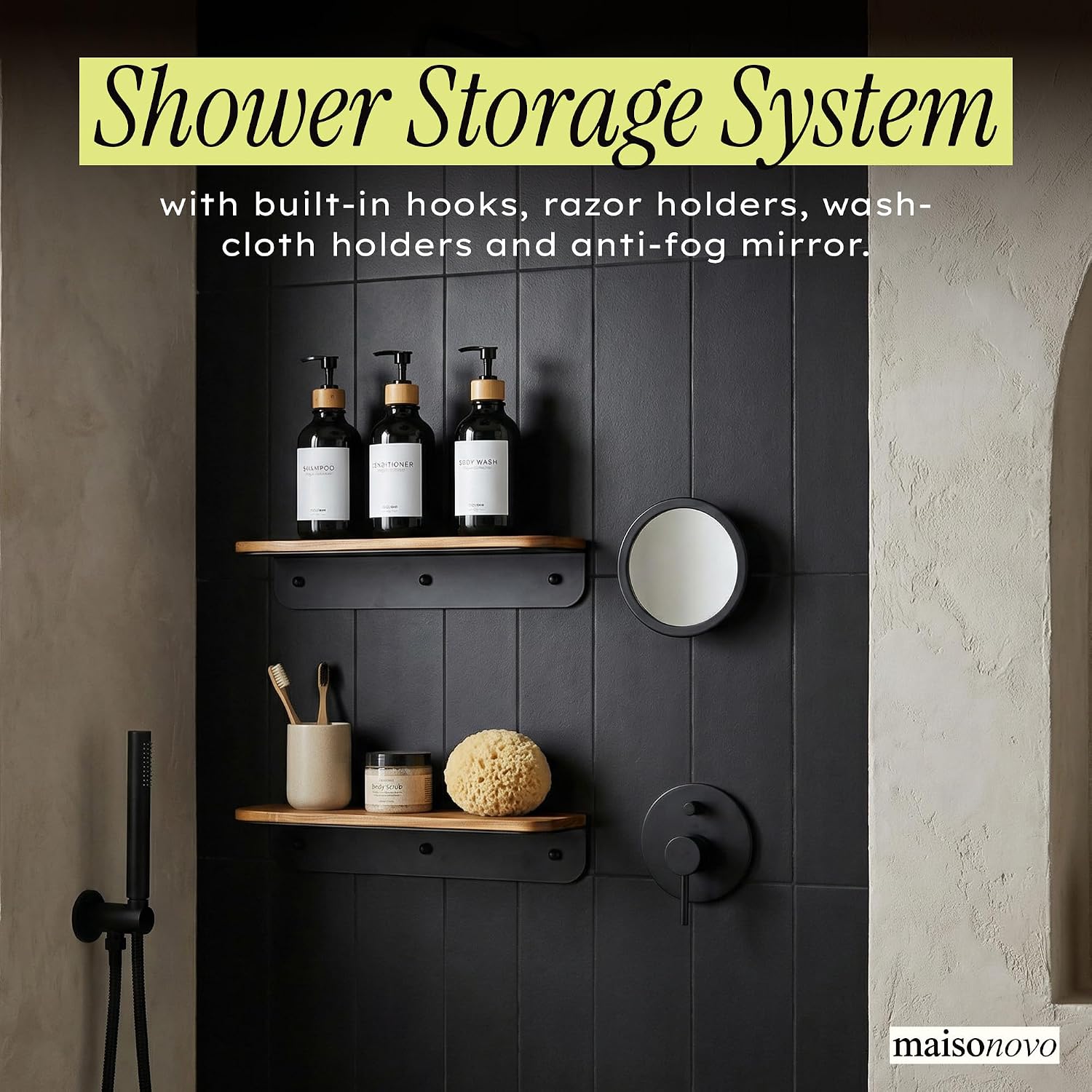 Wood Shower Caddy with Mirror & 3 Refillable Shower Dispensers