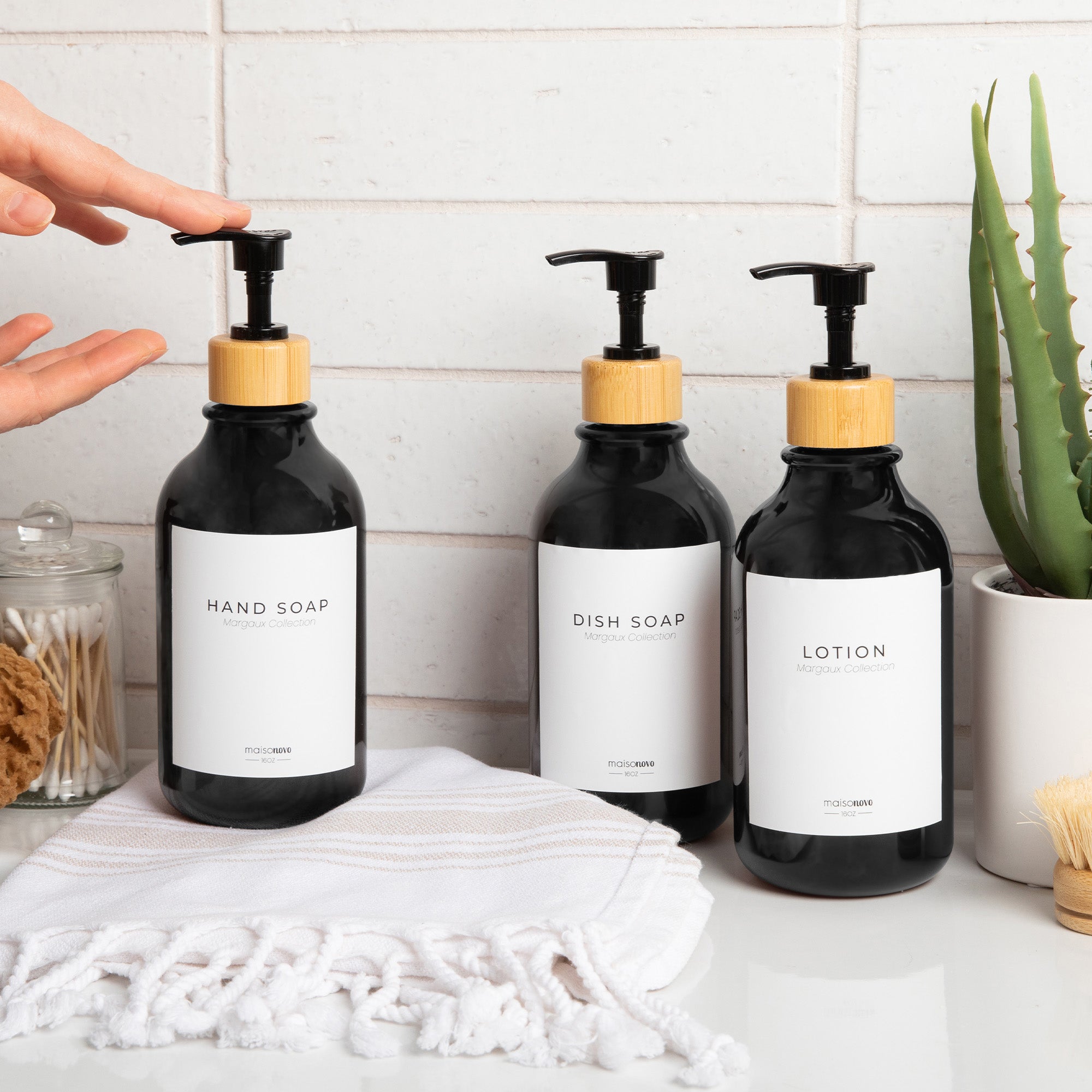 Shower Dispenser Black Bottles with Bamboo Pump