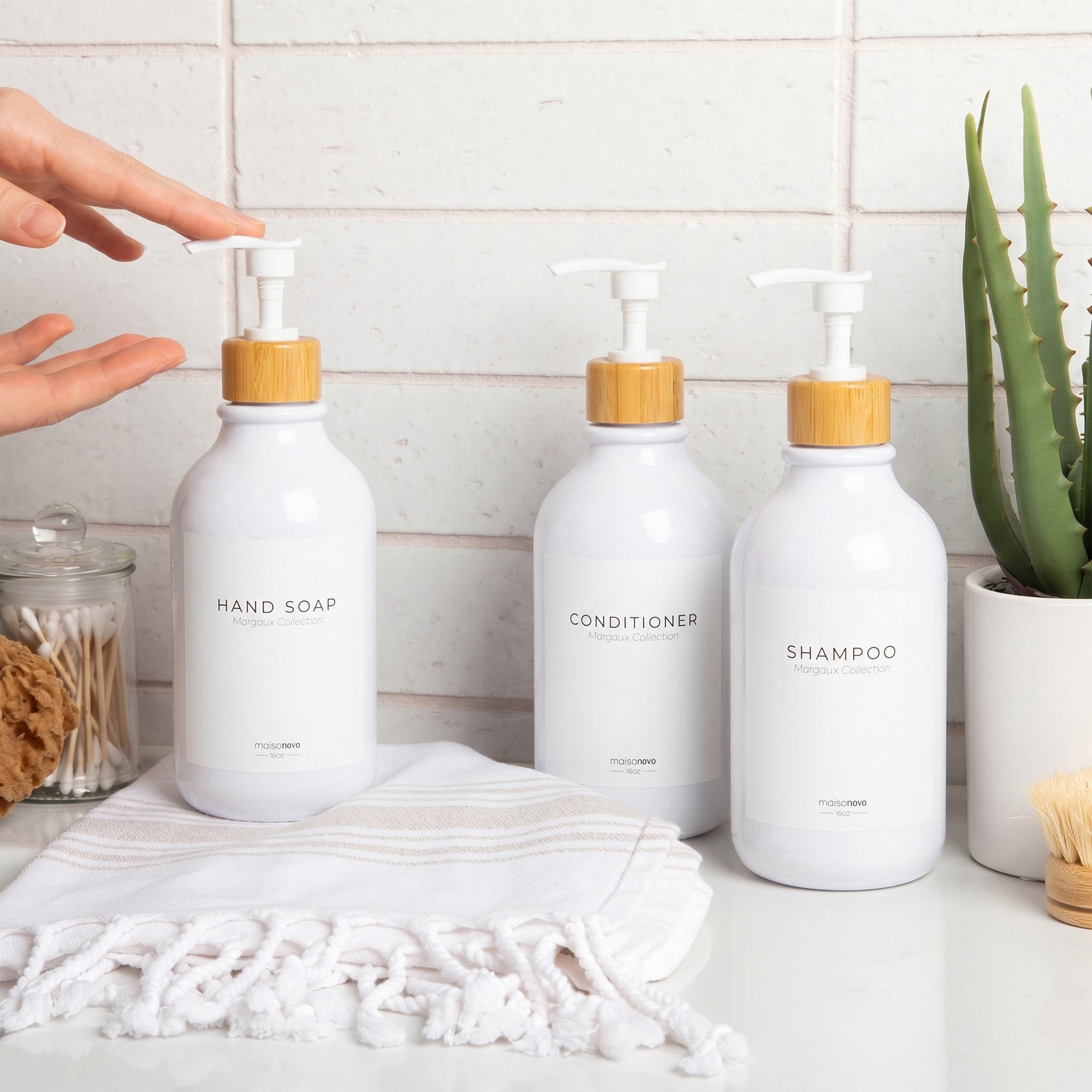 Shower Dispenser White Bottles with Bamboo Pump