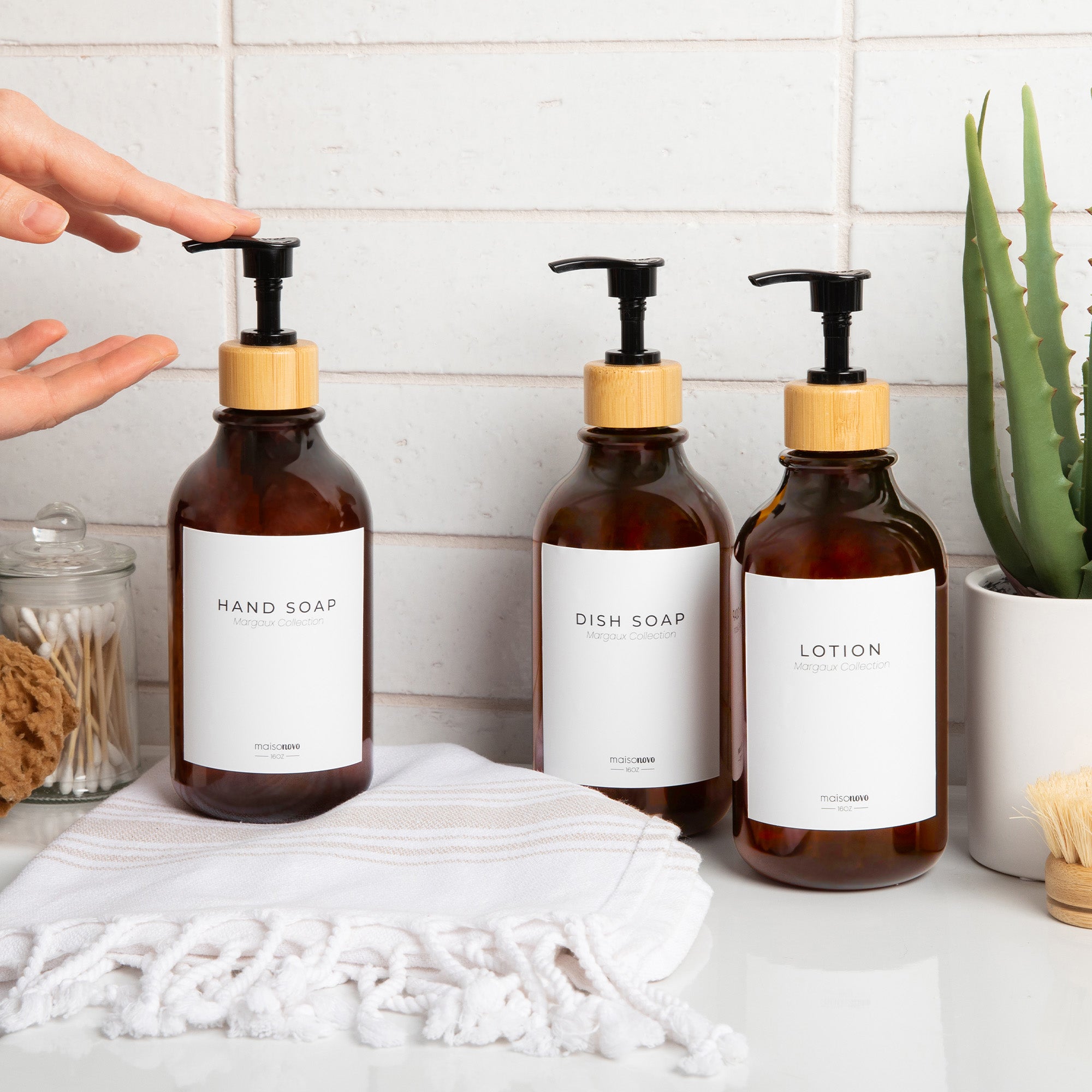Shower Dispenser Amber Bottles with Bamboo Pump