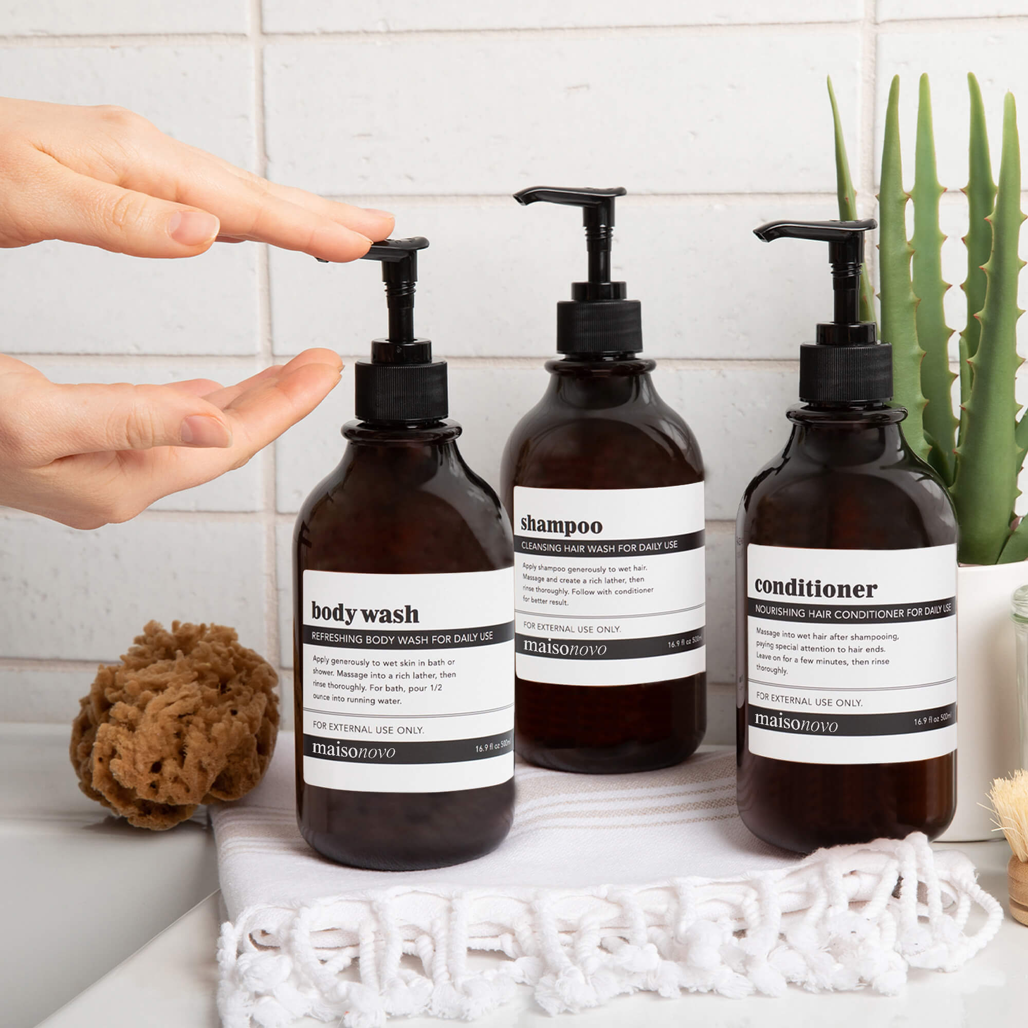 Shower Dispenser Amber Bottles with Black Pump