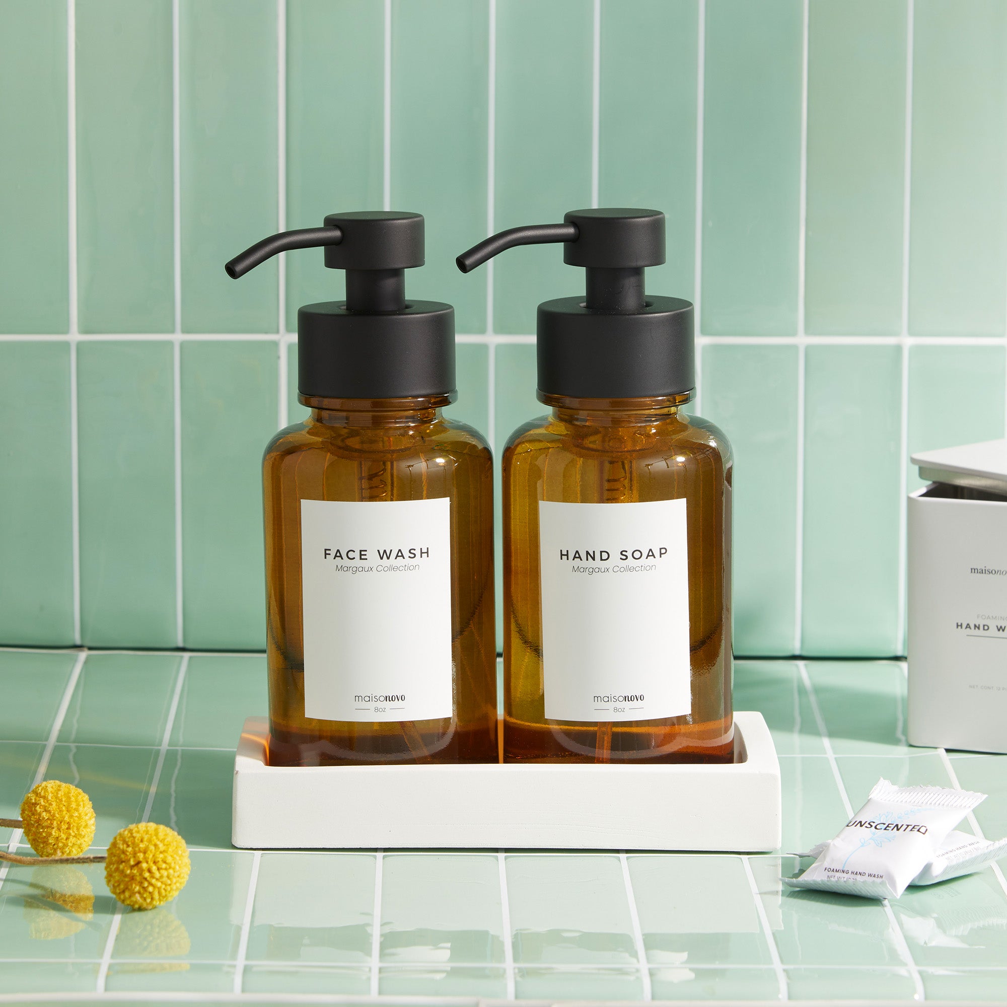 Glass Foaming Soap Dispensers 8oz Amber / Black + Tray
