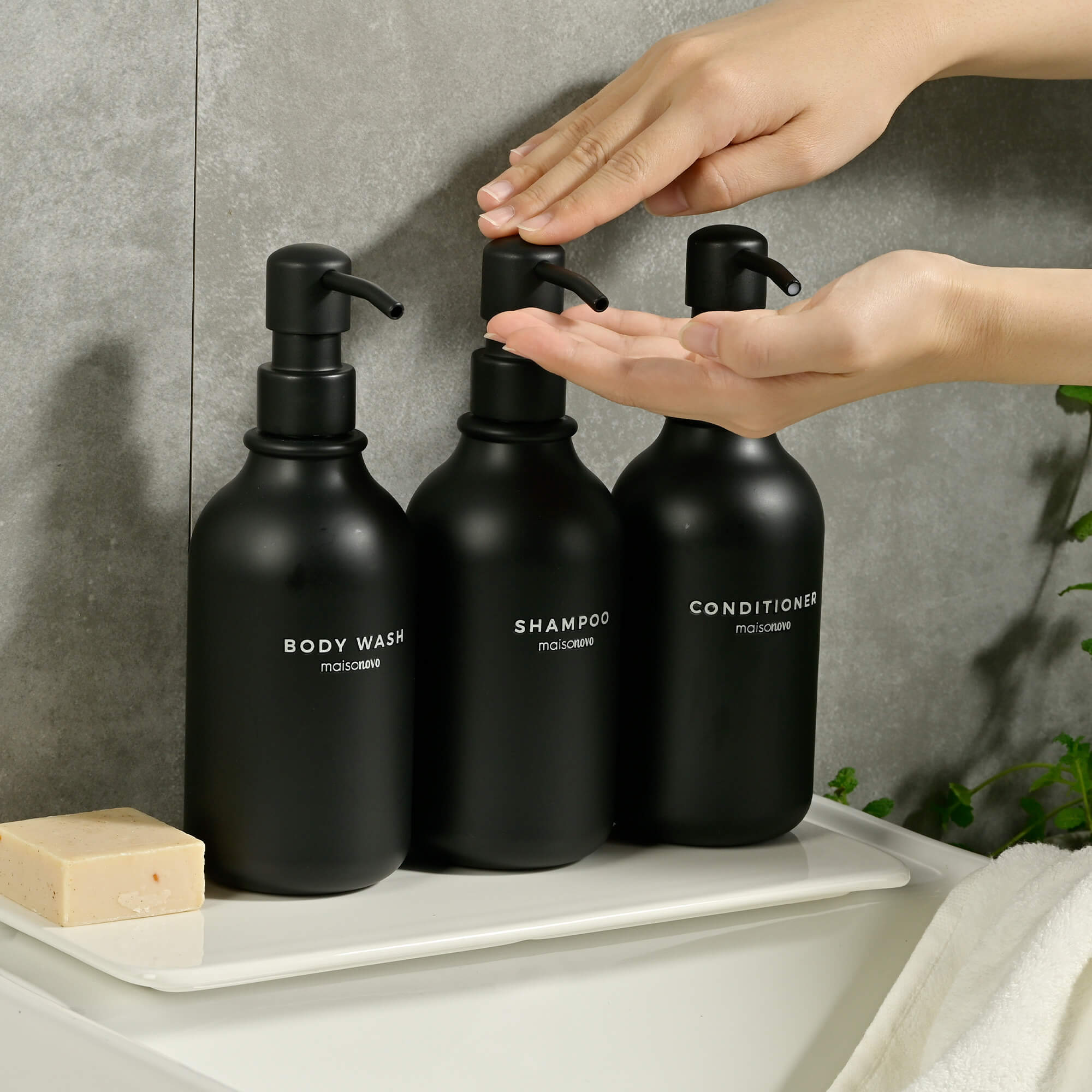 Shower Dispenser Black Plastic Bottles with Plastic Pumps