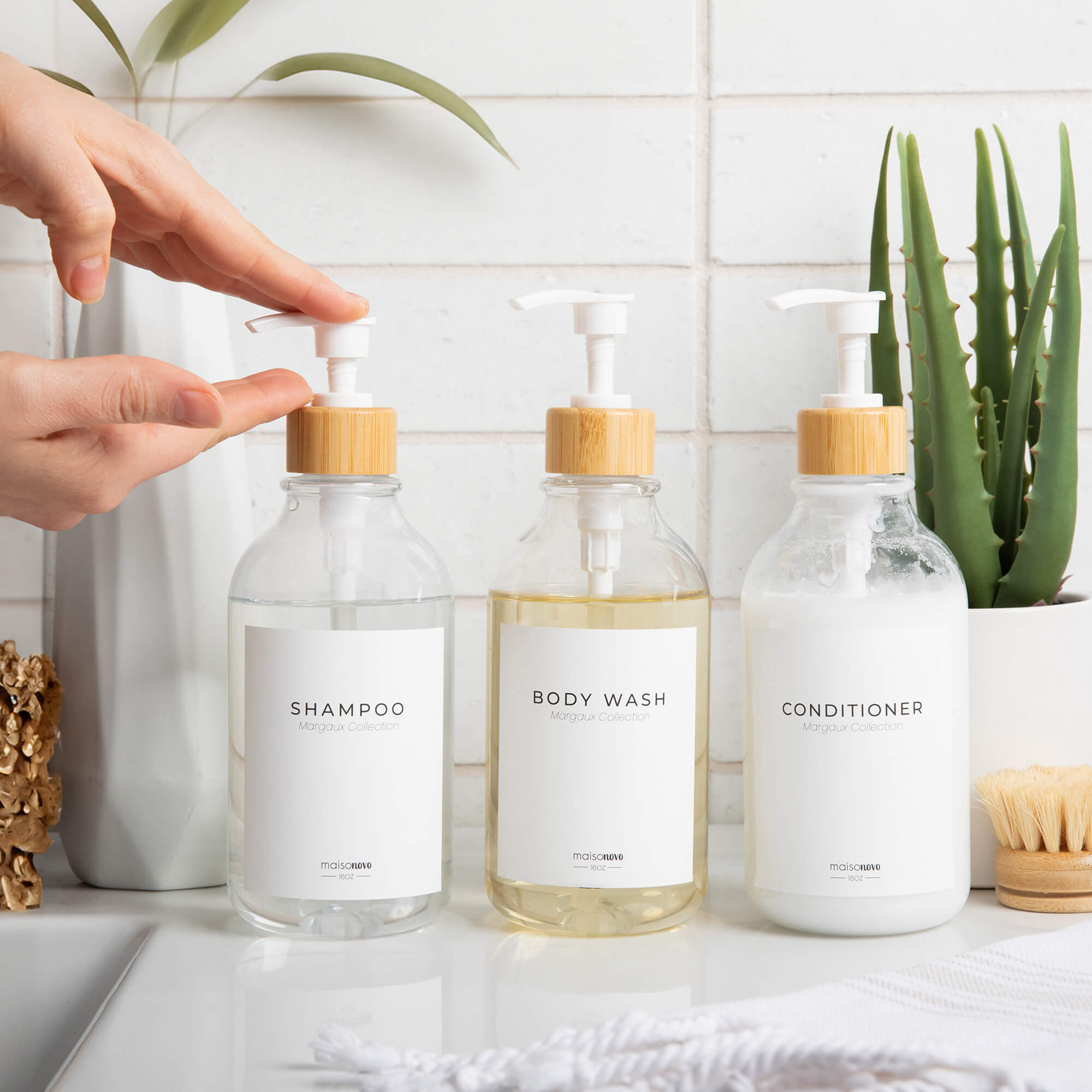 Shower Dispenser Clear Bottles with Bamboo Pump