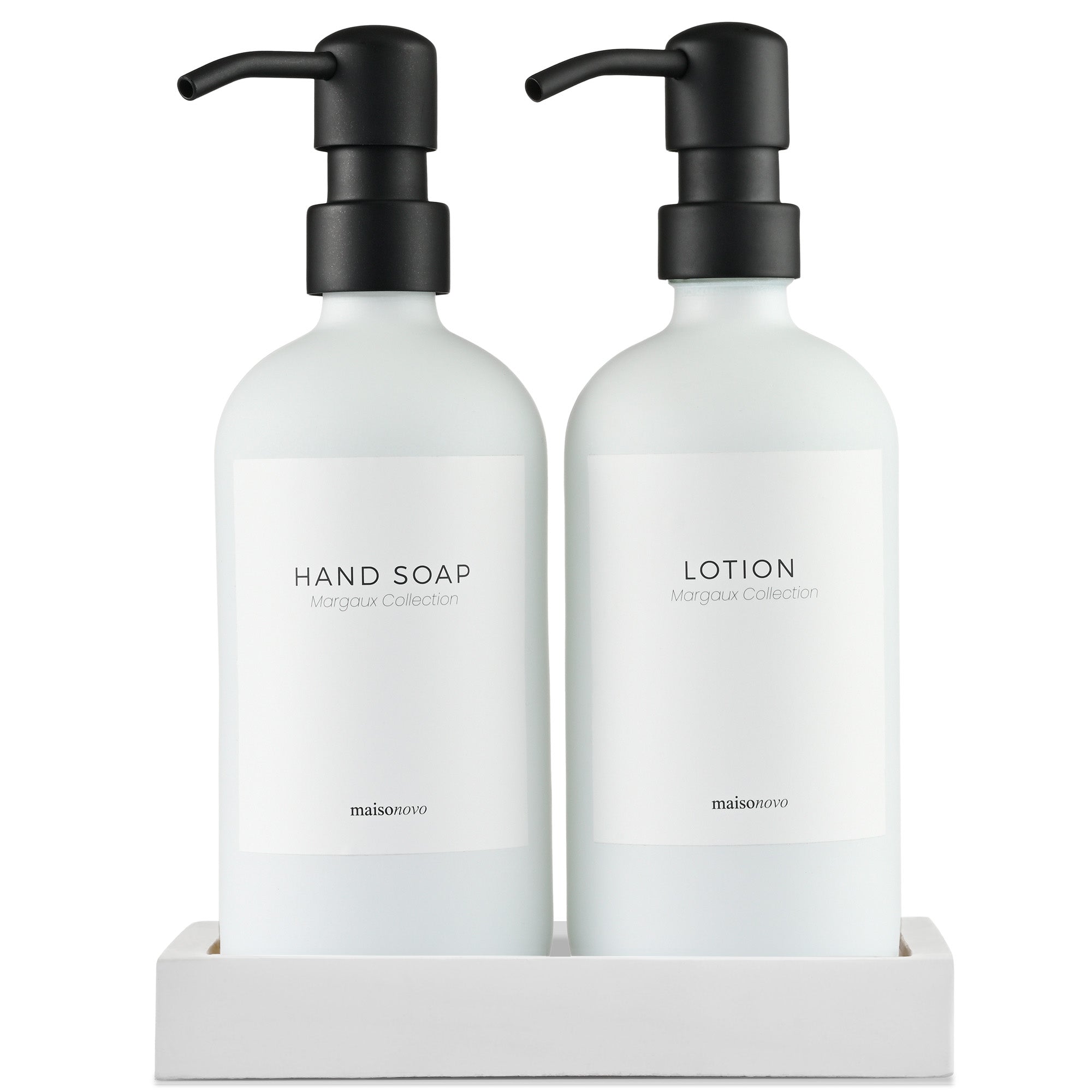 Glass Soap Dispensers White Set / Silver with Tray