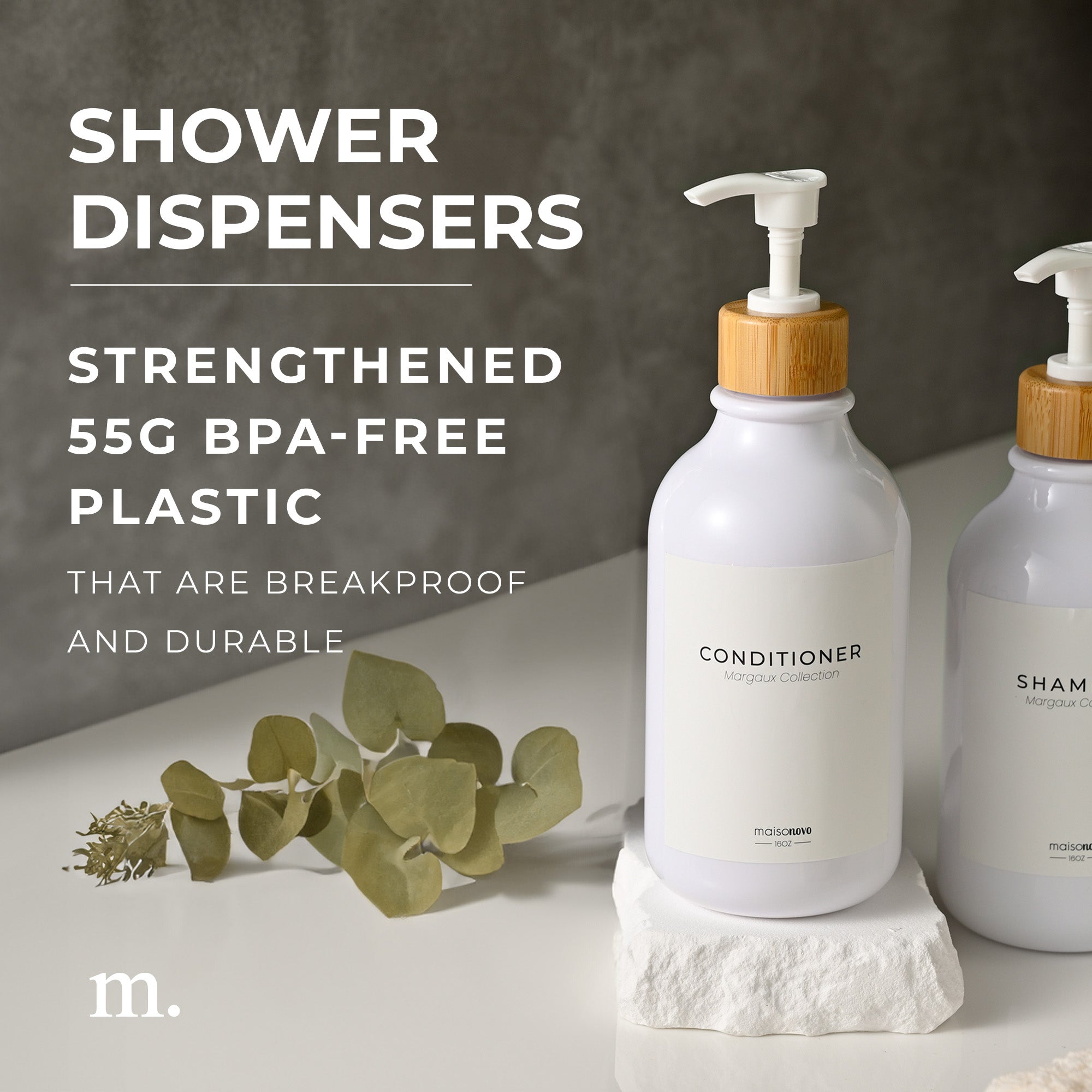Shower Dispenser White Bottles with Bamboo Pump