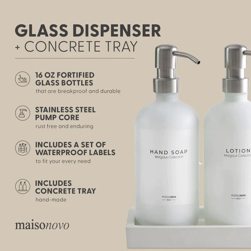 Glass Soap Dispensers White Set / Silver with Tray