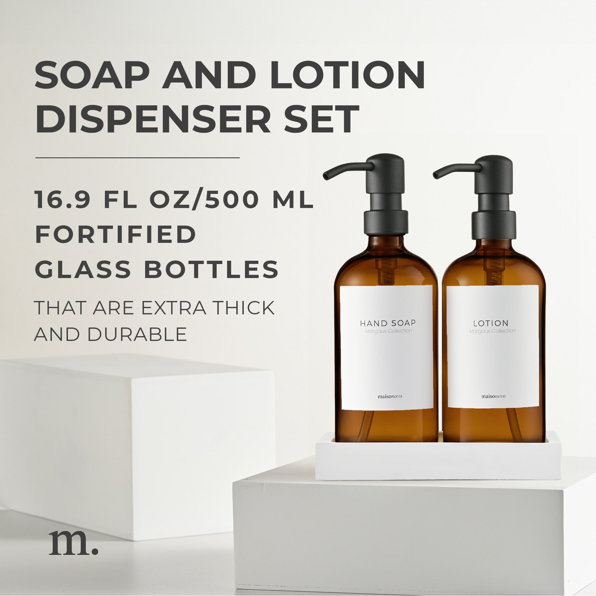 Glass Soap Dispensers White Set / Silver with Tray