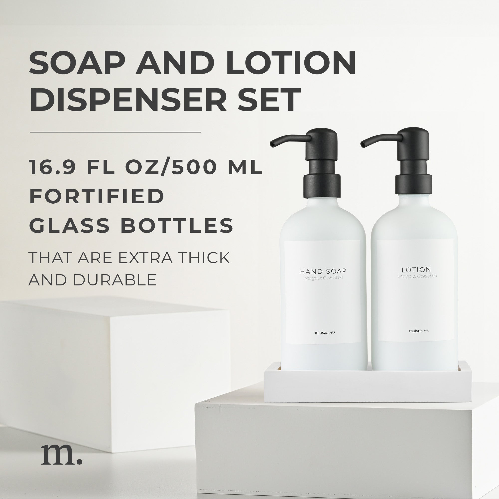 Glass Soap Dispensers White Set / Silver with Tray