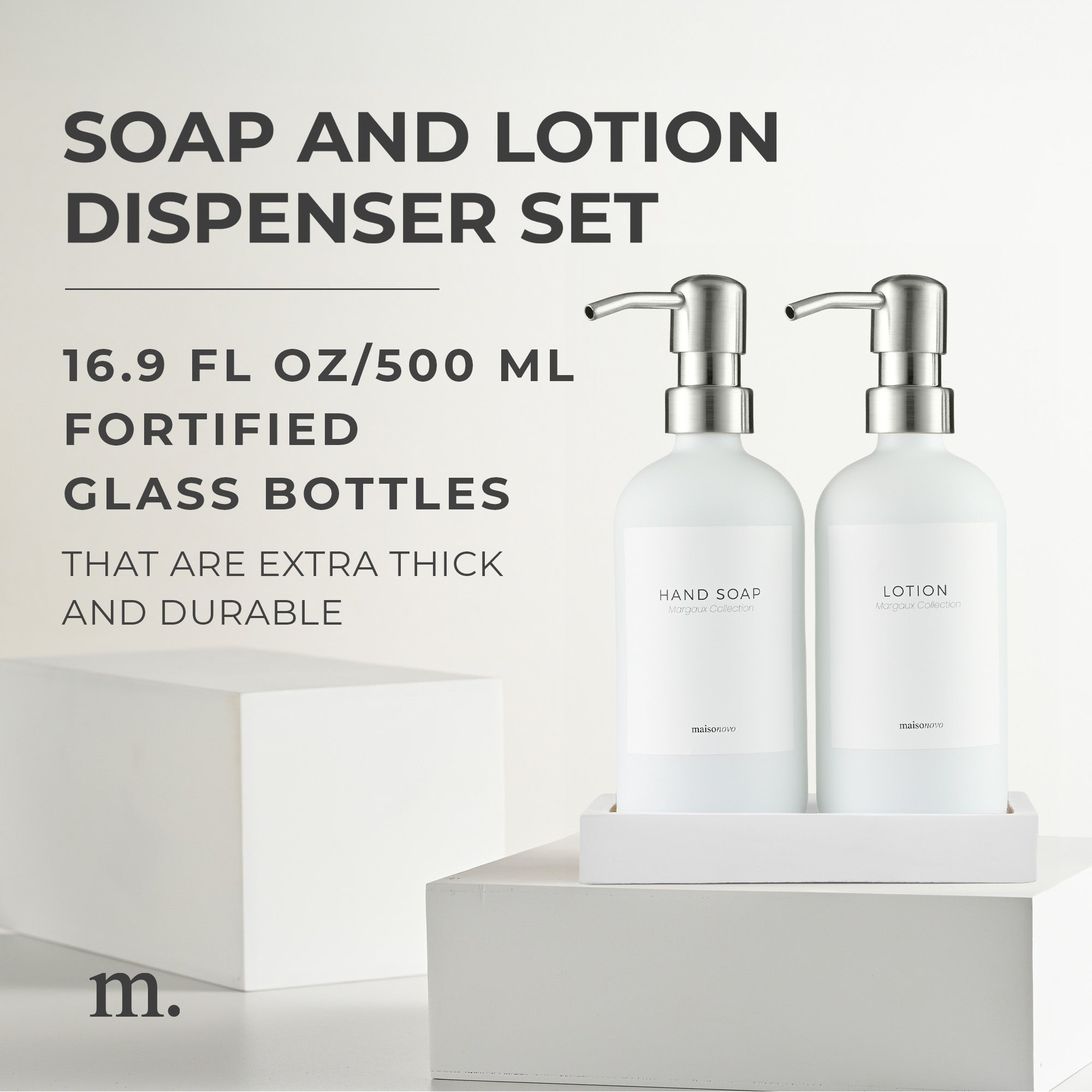 Glass Soap Dispensers White Set / Silver with Tray