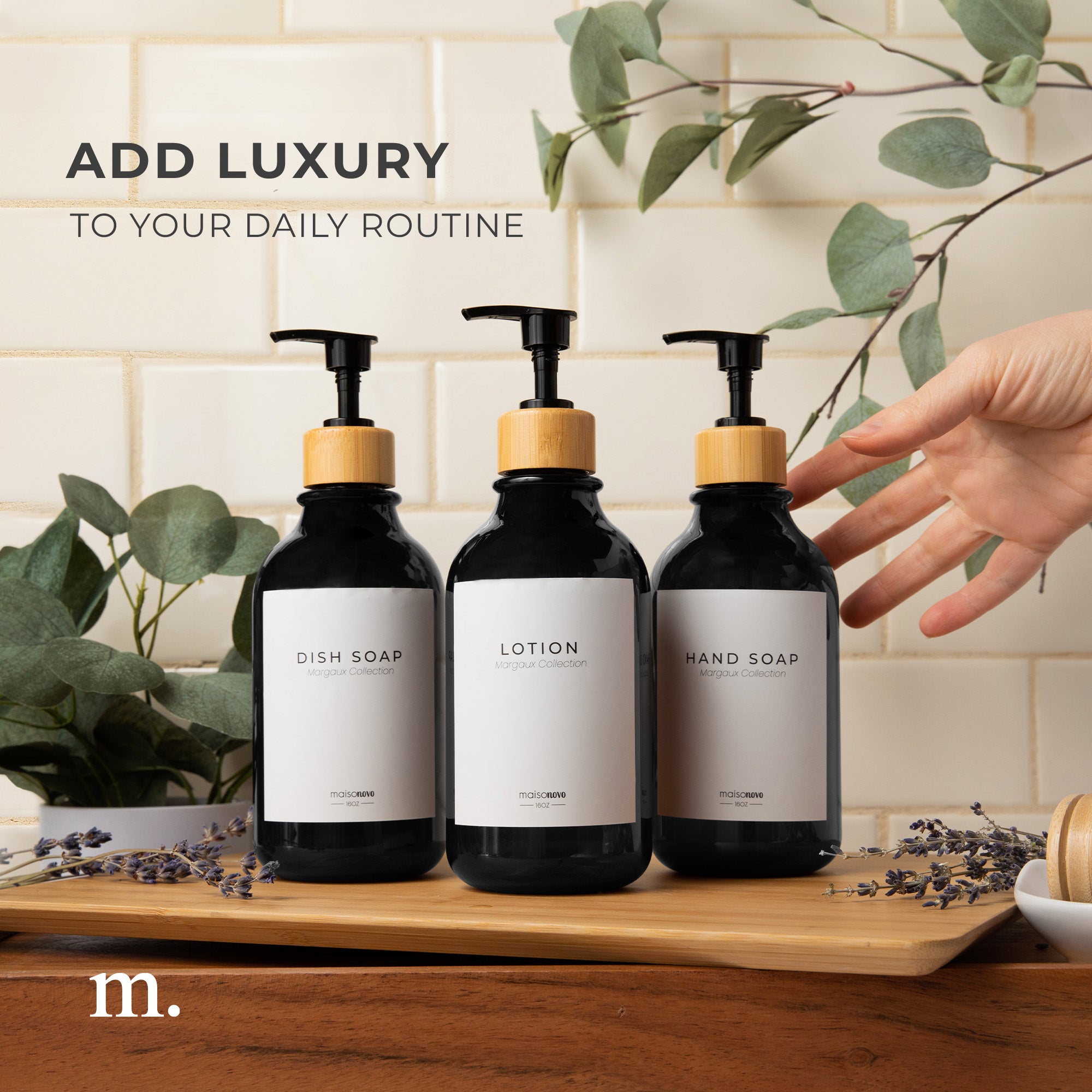 Shower Dispenser Black Bottles with Bamboo Pump