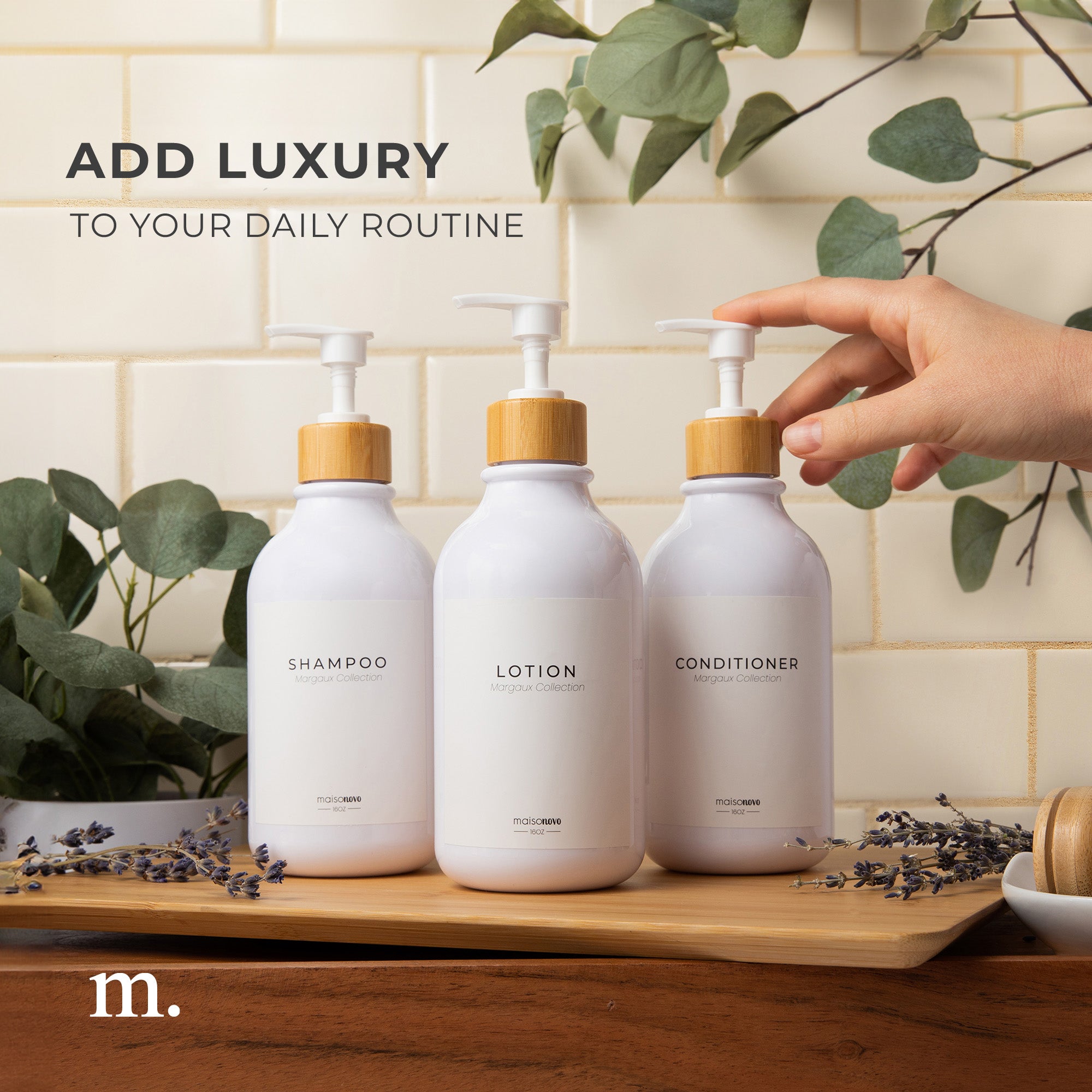 Shower Dispenser White Bottles with Bamboo Pump