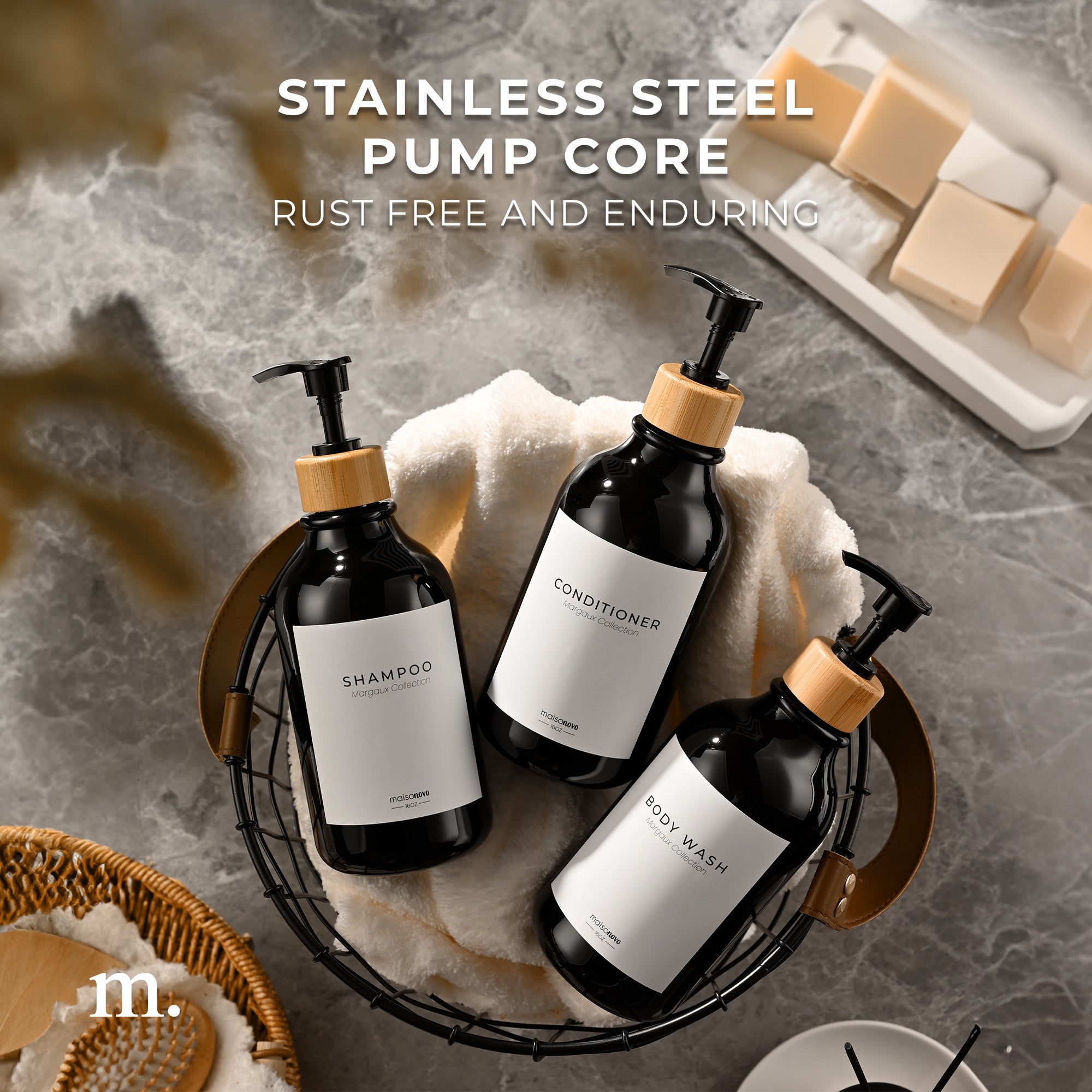 Shower Dispenser Black Bottles with Bamboo Pump