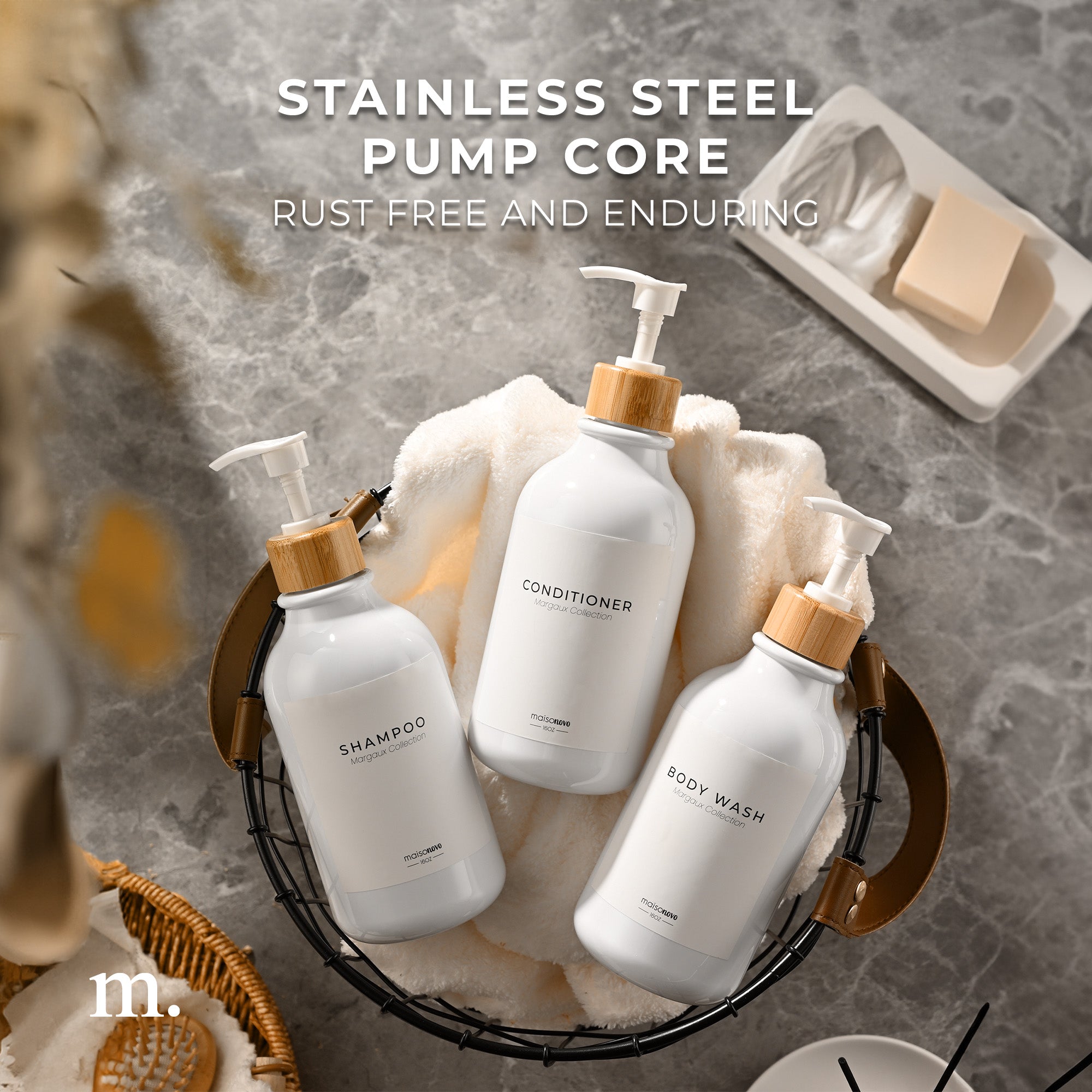 Shower Dispenser White Bottles with Bamboo Pump