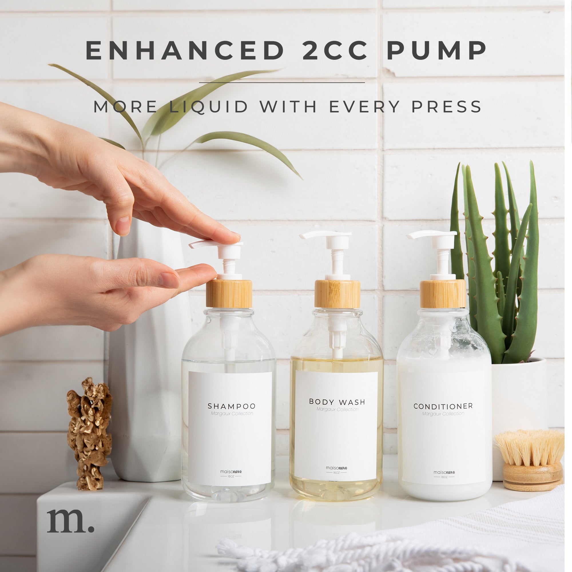 Shower Dispenser Clear Bottles with Bamboo Pump