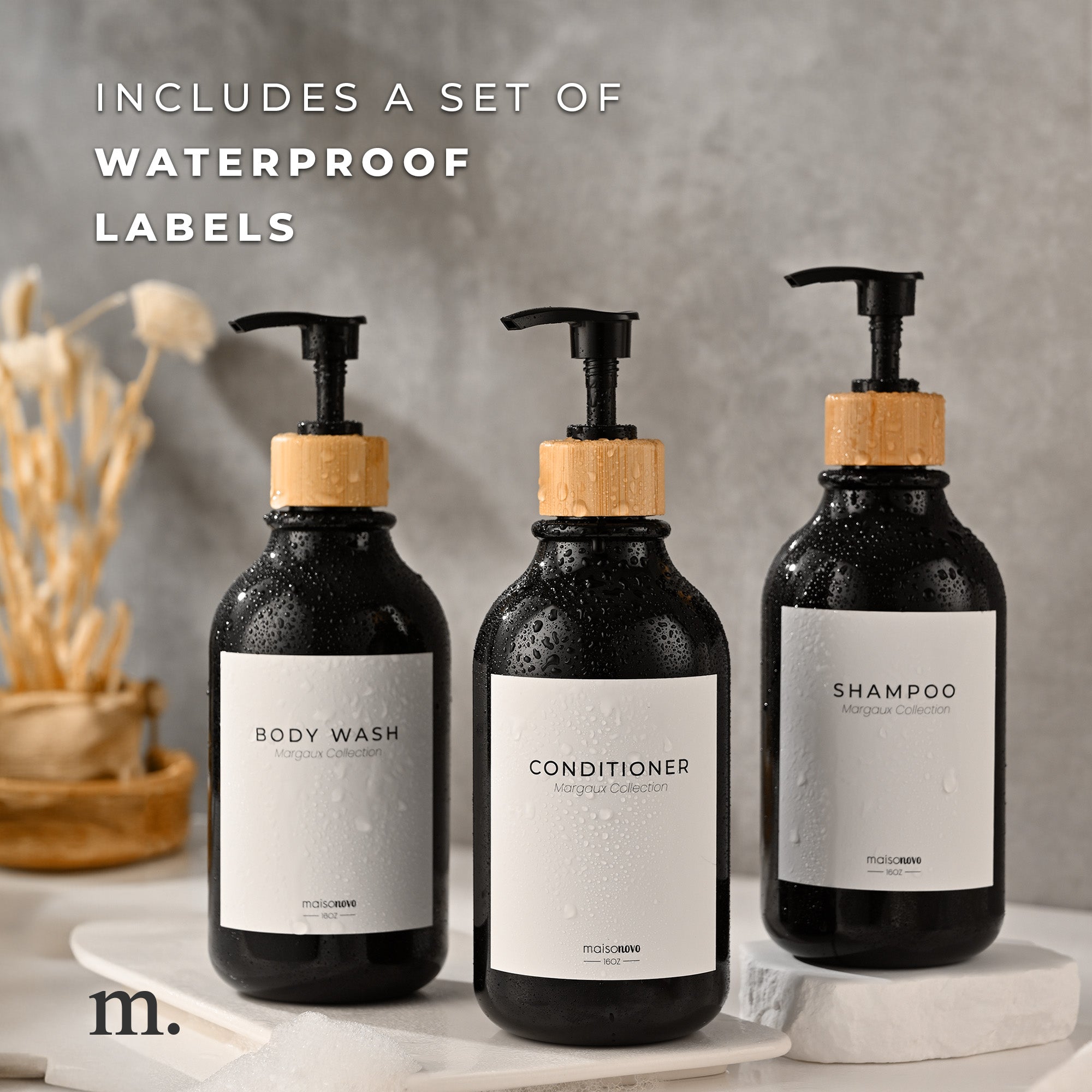 Shower Dispenser Black Bottles with Bamboo Pump