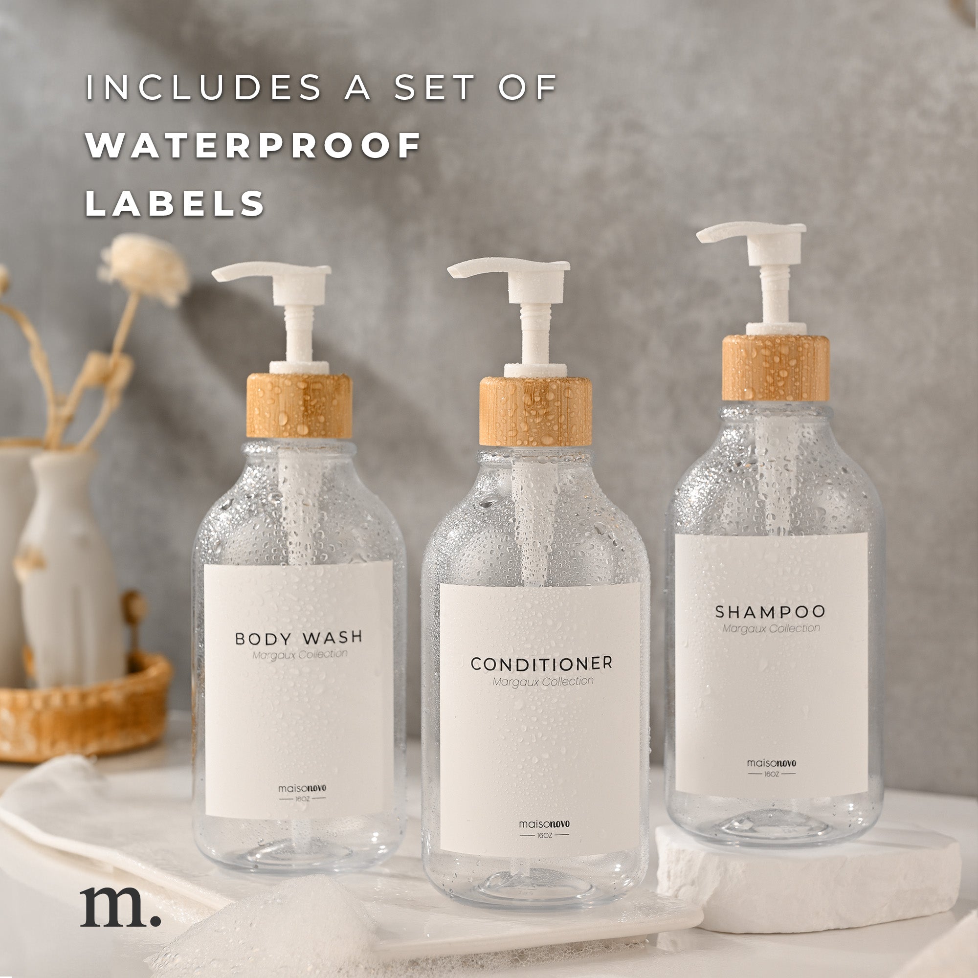 Shower Dispenser Clear Bottles with Bamboo Pump